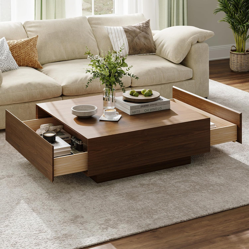 POVISON Modern Square Coffee Table with Storage, 35.43' Wood Coffee Table for Living Room Table Walnut, Fully Assembled