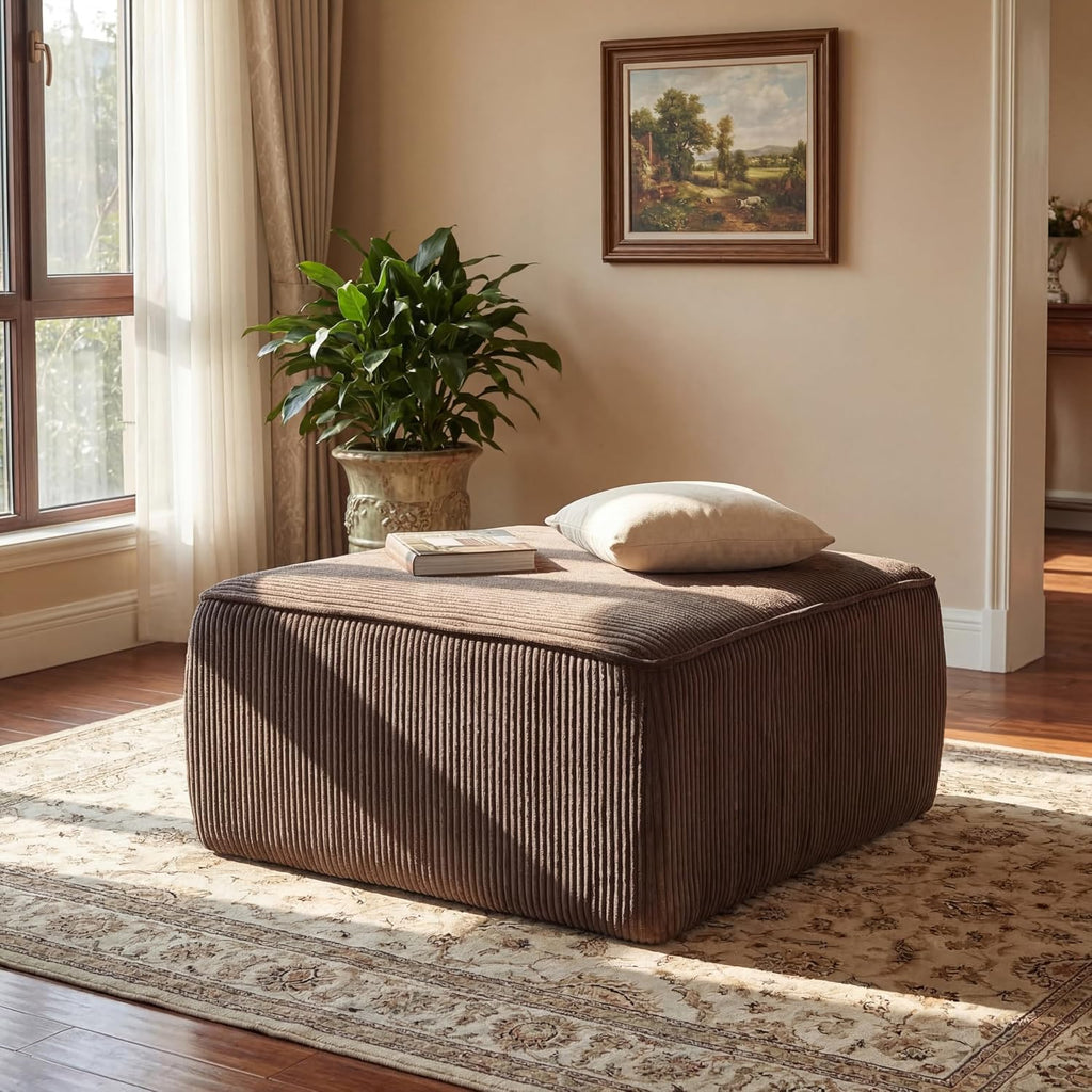 Christopher Knight Home Kyle Corduroy Woven Upholstery Square Ottoman, Living Room Sofa Ottoman with Wood Frame, Comfy Seating Experience with Dense Foam Padding, Non-Marking Foot Caps, Brown