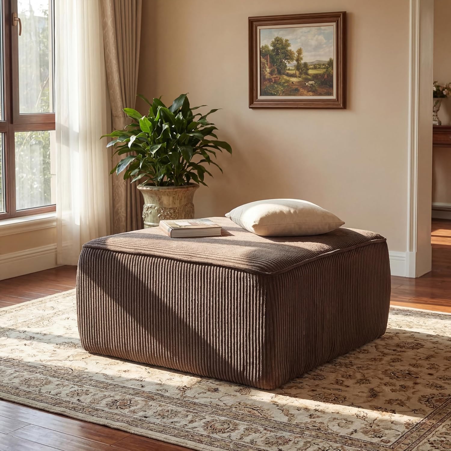 Christopher Knight Home Kyle Corduroy Woven Upholstery Square Ottoman, Living Room Sofa Ottoman with Wood Frame, Comfy Seating Experience with Dense Foam Padding, Non-Marking Foot Caps, Brown