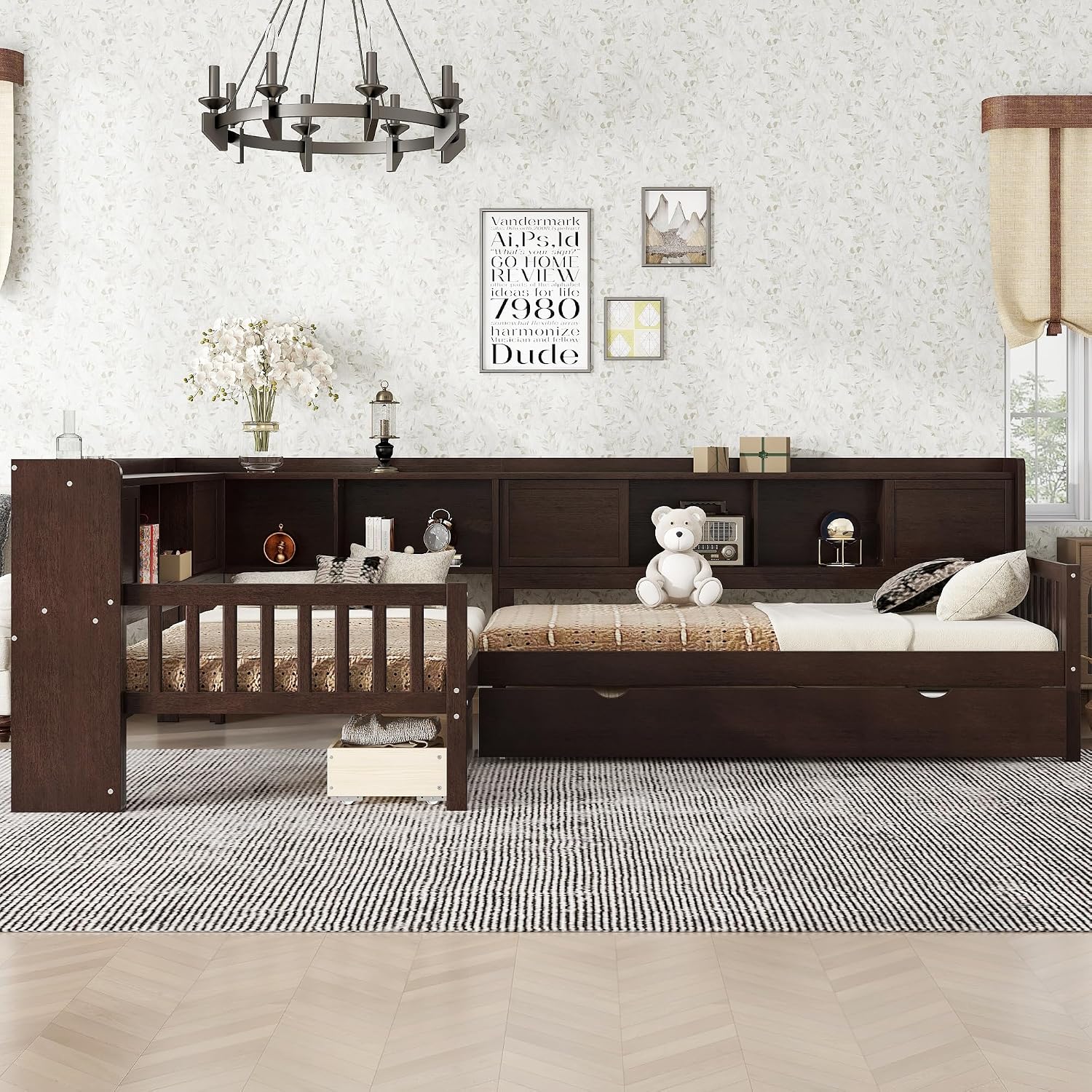 Double Twin Size Daybed with Trundle and Drawers, L Shaped Corner Bed with Storage Drawers and Shelves for Living Room, Bedroom, Espresso