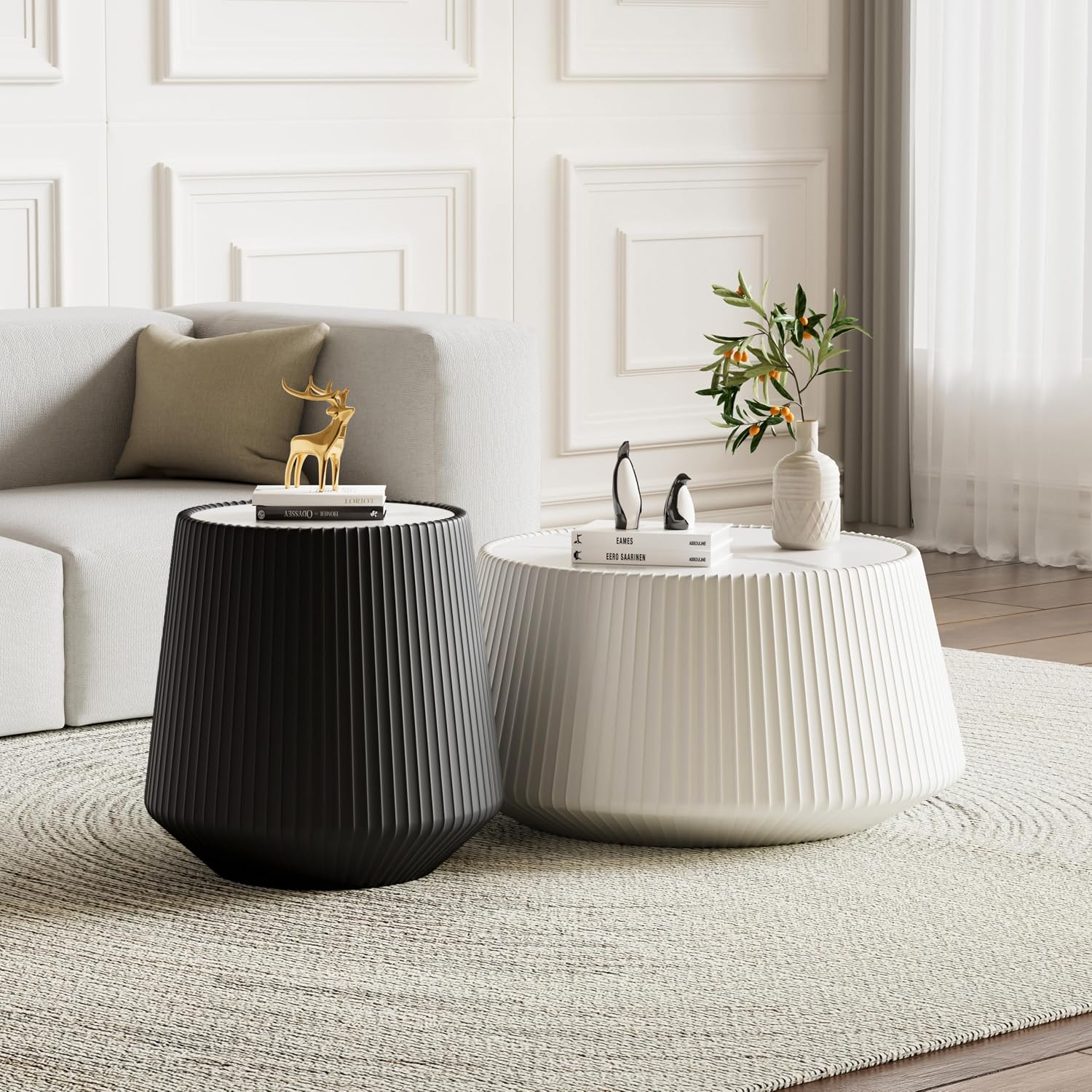 Round Coffee Table Set with Sintered Stone Tabletop, 26.77' White Drum Center Table and 19.68' Black Coffee Table Set, 2 Pieces Living Room Table Set with Fluted PU Leather Cover& Stable Base
