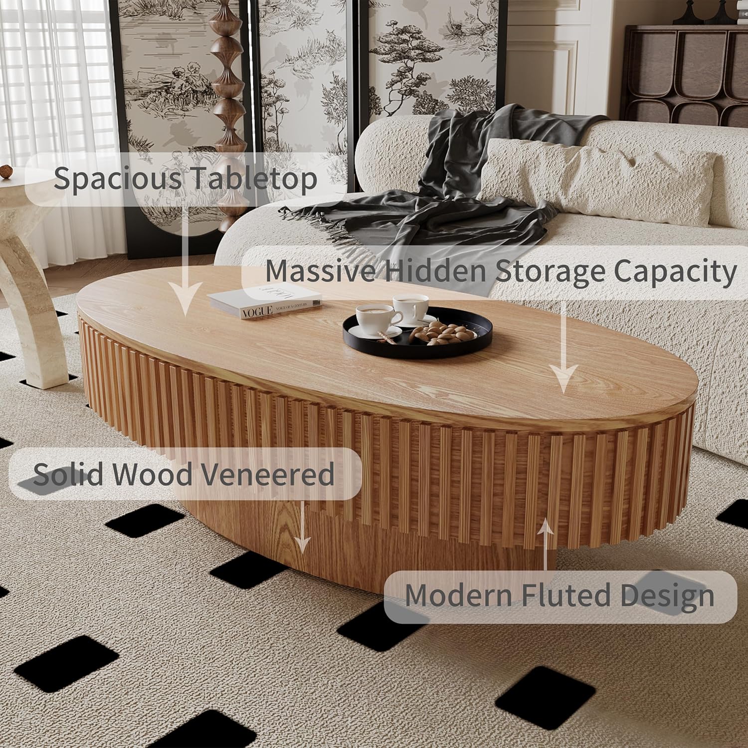 47.2'' Oval Coffee Table with Storage for Living Room Modern Fluted Coffee Table with Lid Pedestal Center Tables Accent Tea Table for Apartment, Natural Wood Oak