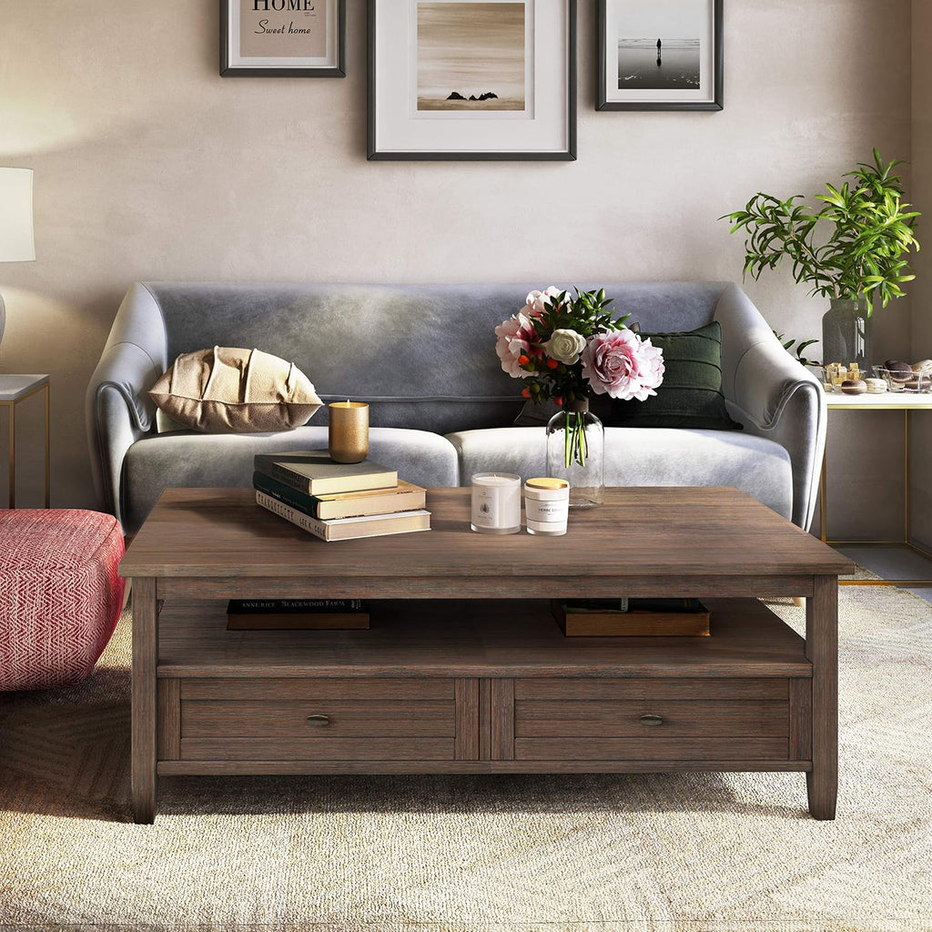 SIMPLIHOME Warm Shaker Coffee Table - 48 inch Wide Solid Wood Coffee Table in Farmhouse Brown, Transitional Living Room Table with 2 Drawers, Open Shelf, Shaker Fronts and Tapered Legs