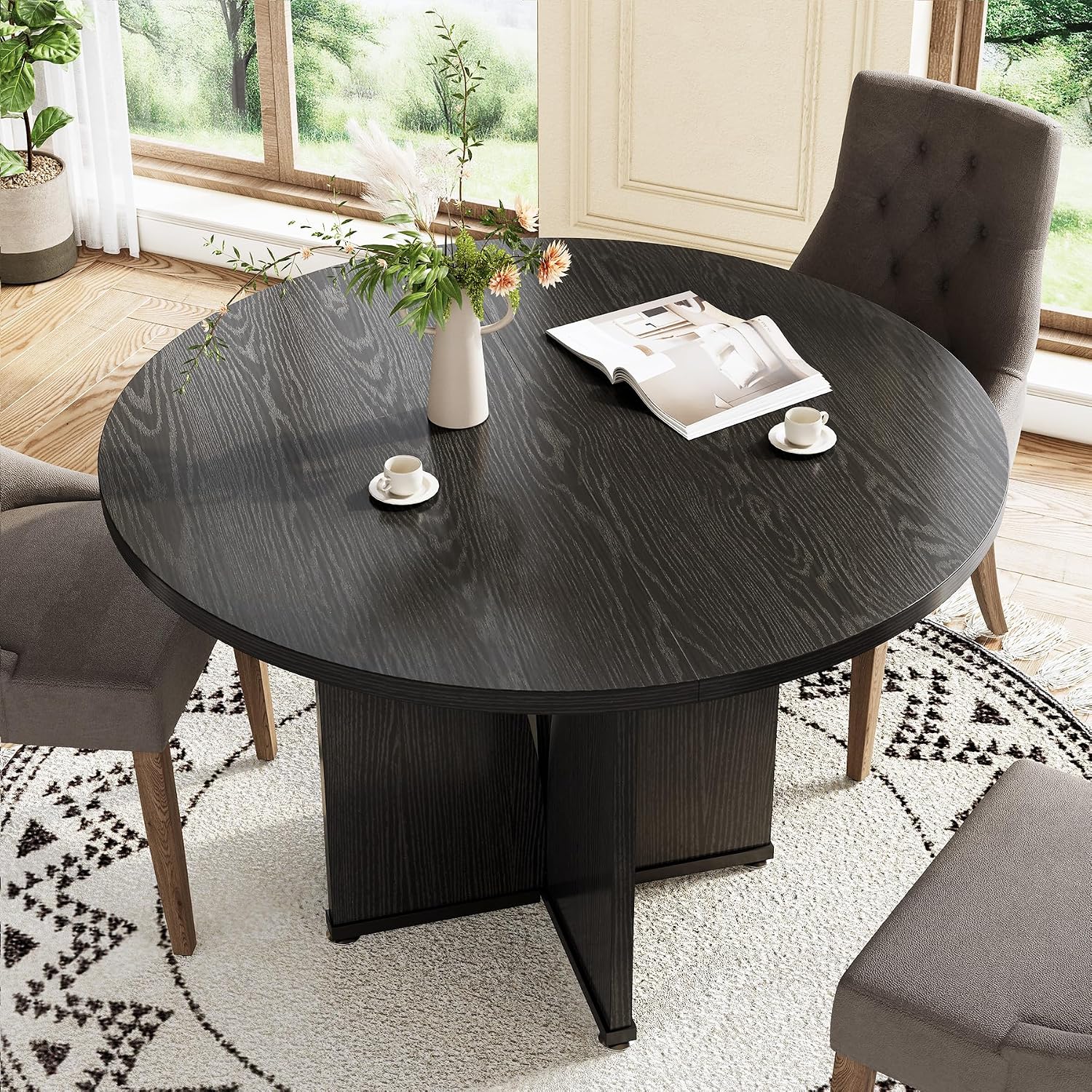 LITTLE TREE 39-Inch Dining Table for 4, Rustic Kitchen Table, Round Dining Table with X-Shaped Stable Pedestal, Farmhouse Dinner Table for Dining Room, Living Room, Black
