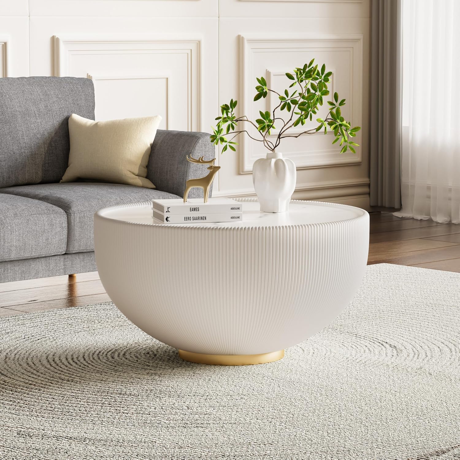 Round Coffee Table Set with Sintered Stone Tabletop, 27.56' White Drum Center Table and 19.69' Black Coffee Table Set, 2 Pieces Living Room Table Set with Fluted PU Leather Cover& Metal Base