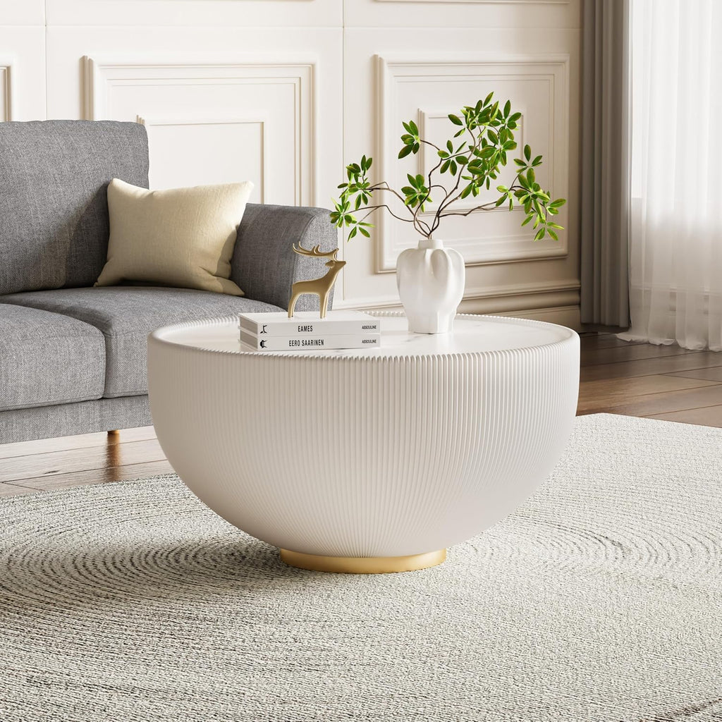 Round Coffee Table Set with Sintered Stone Tabletop, 27.56' White Drum Center Table and 19.69' White Coffee Table Set, 2 Pieces Living Room Table Set with Fluted PU Leather Cover& Metal Base