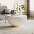 White Round Coffee Table with Sintered Stone Tabletop, 27.56' Drum Coffee Table with Fluted PU Leather Covered and Metal Base, Circle Cocktail Tea Table for Living Room