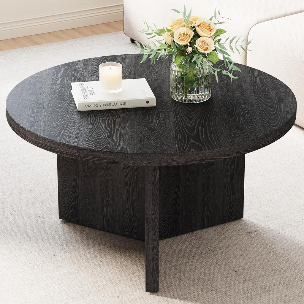 Luoxiao 31.5' Black Round Coffee Table Modern Circle Center Table for Living Room, Space-Saving Wood Accent Table for Apartments, Study, with Adjustable Feet Pads, Easy Assembly
