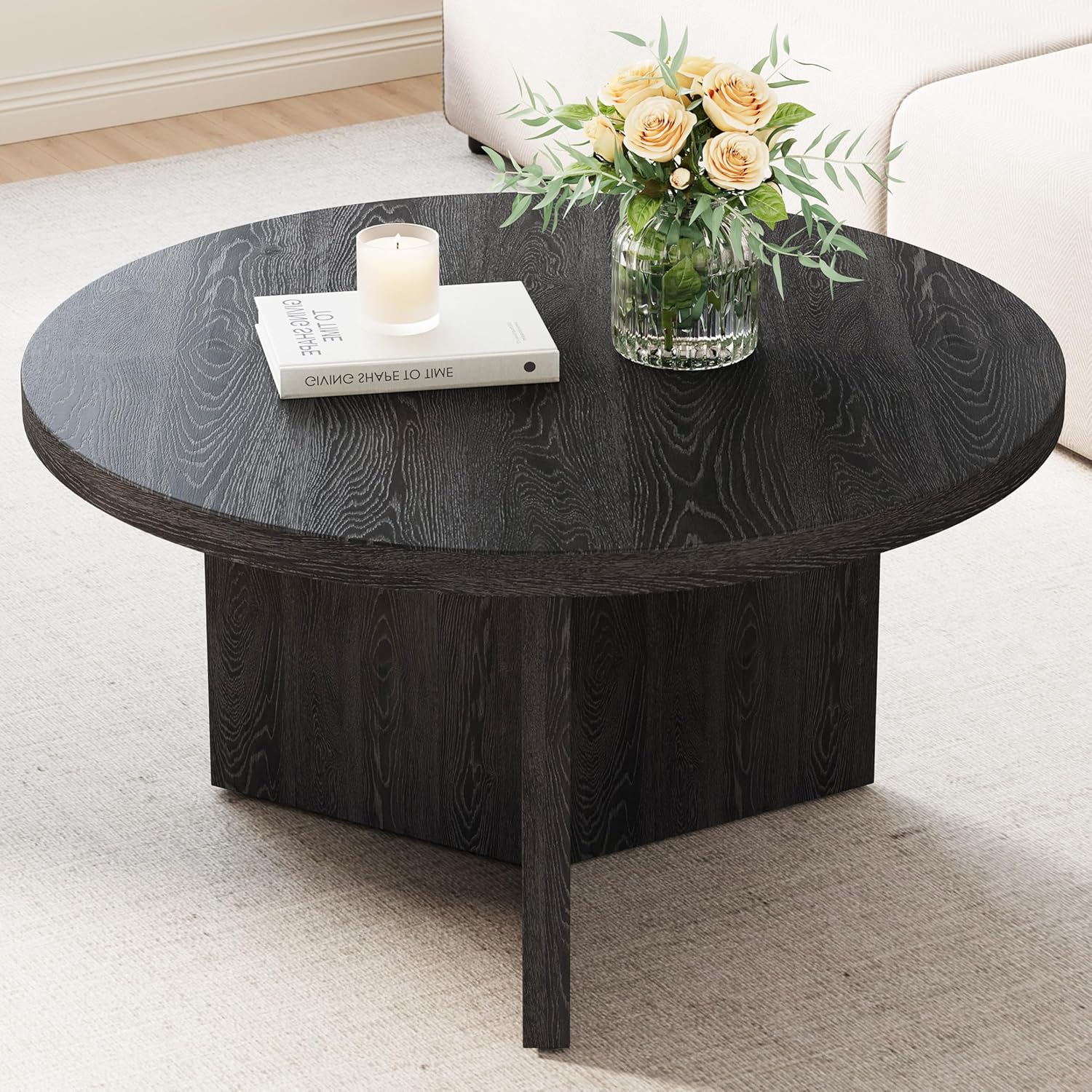 Luoxiao 31.5' Black Round Coffee Table Modern Circle Center Table for Living Room, Space-Saving Wood Accent Table for Apartments, Study, with Adjustable Feet Pads, Easy Assembly