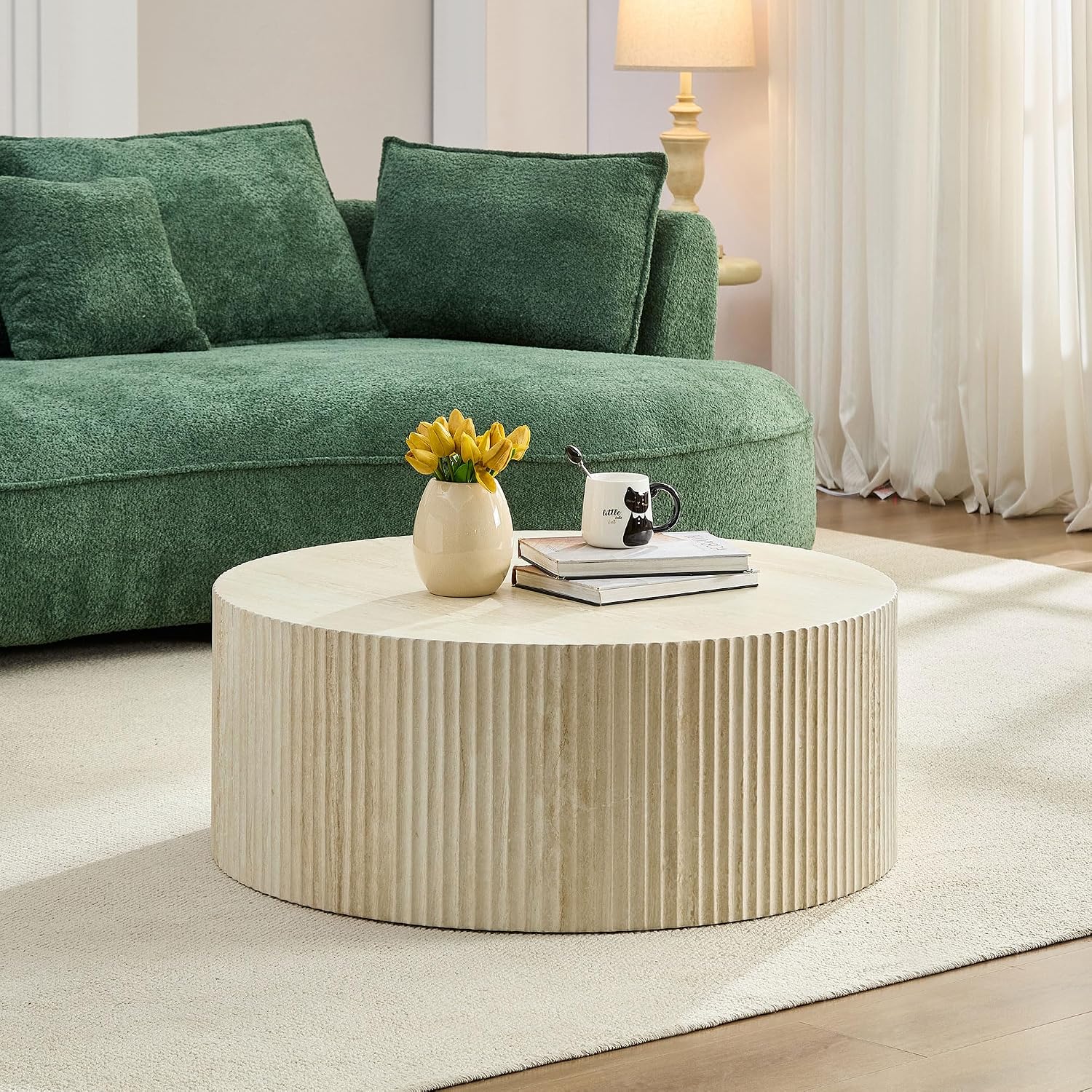 WILLIAMSPACE 35.43' Round Coffee Table with Eye-Catching Relief Design, Modern Luxury Faux Travertine Center Table Accent Side Tea Table for Living Room, No Need Assembly - Beige