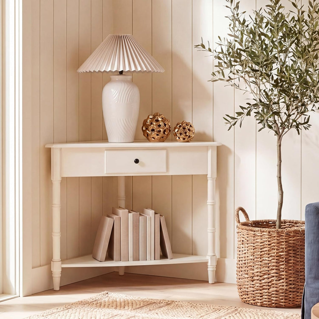 SAFAVIEH Furniture - Gomez 1-Drawer Corner Table - Distressed Cream - Solid Wood - Classic Corner Storage Design - Ideal for Entryway, Living Room, Home Office, 33.1'W x 17.3'D x 28'H (AMH5709C)