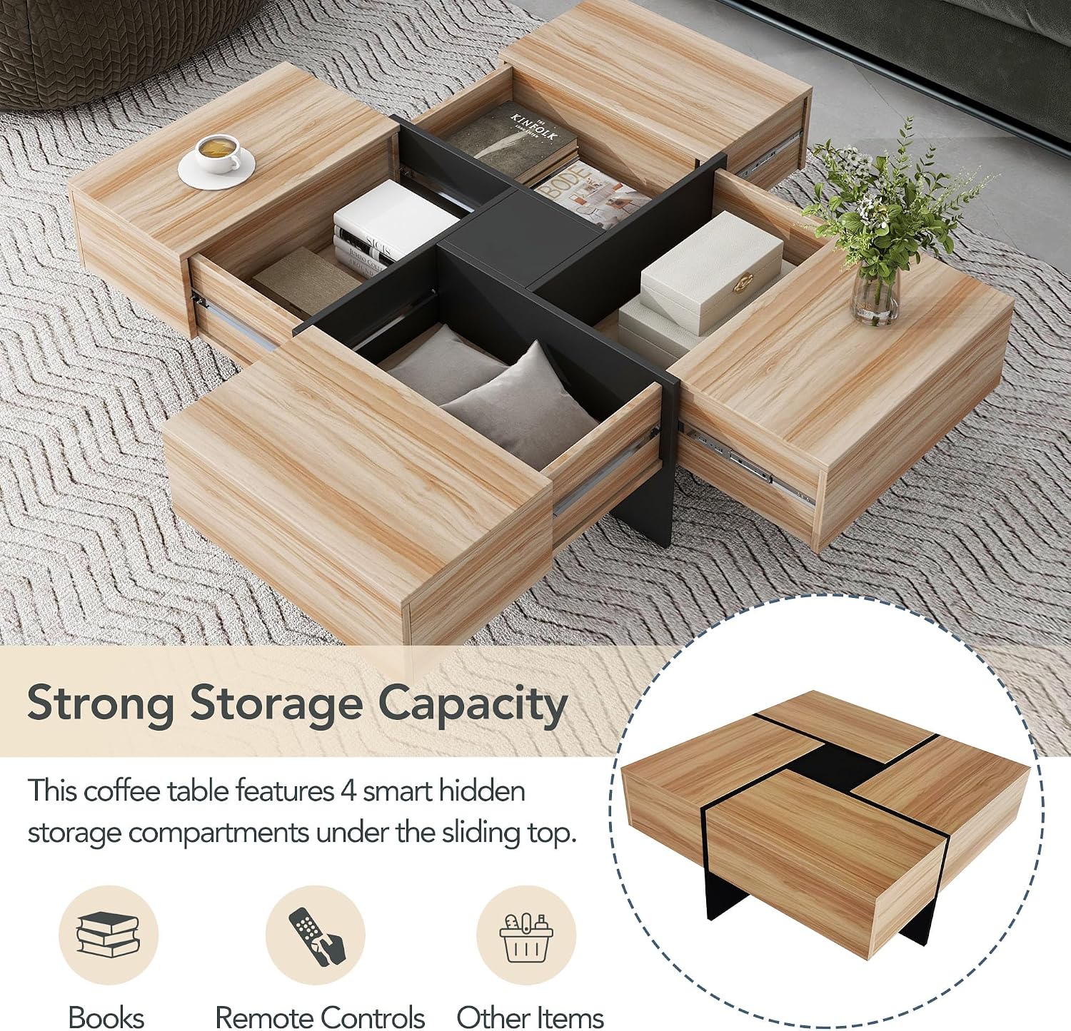 Merax Modern Square Coffee Table with 4 Hidden Storage Compartments, UV High-Gloss Design for Living Room, Brown