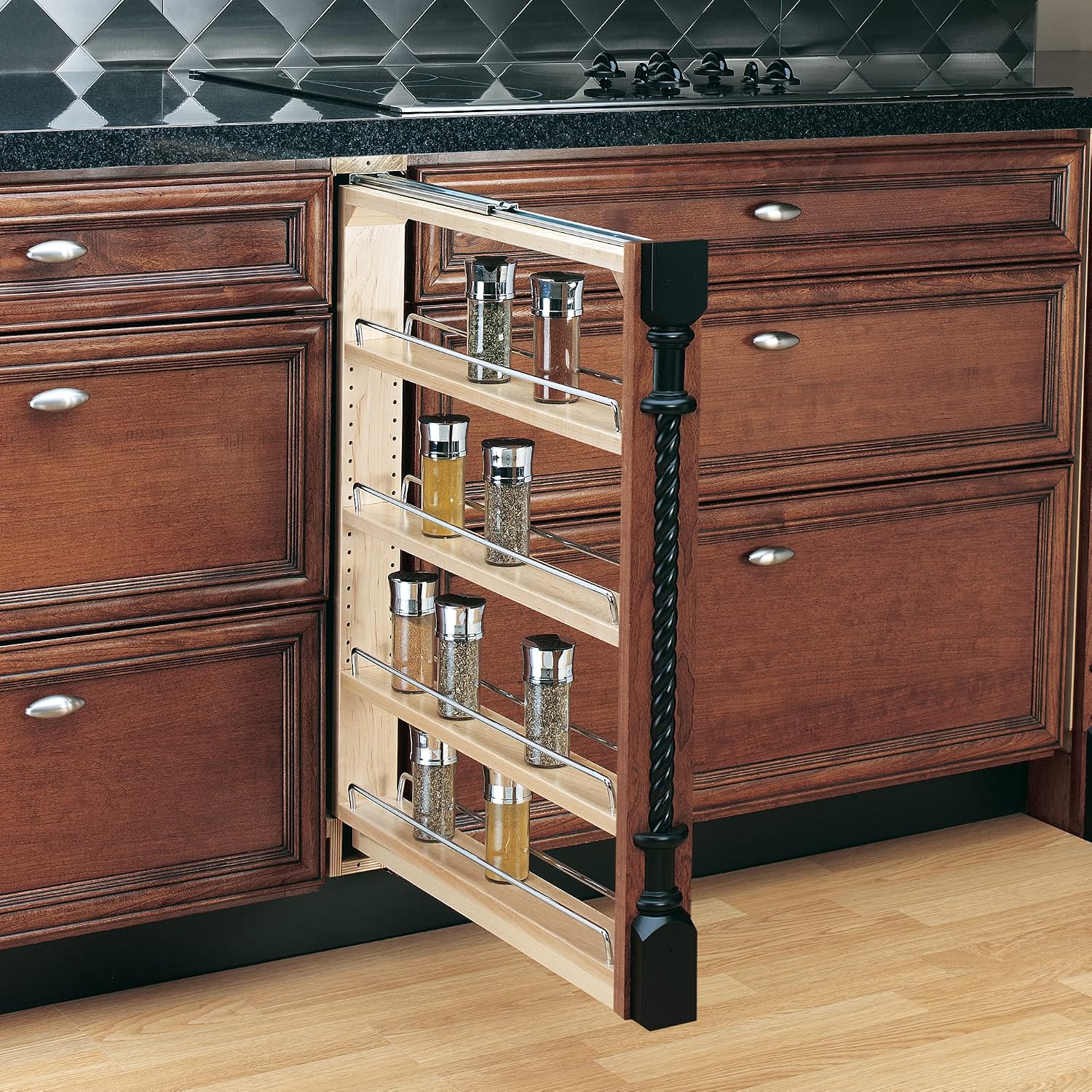 Rev-A-Shelf Pullout Shelf Organizer for Base Kitchen or Bathroom Cabinets, Wood Filler Pantry Storage or Spice Rack, Maple, 3' x 23' x 30', 432-BF-3C