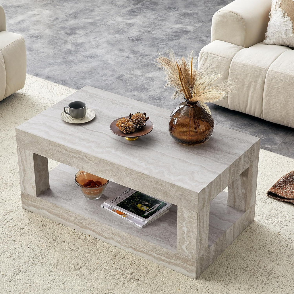 39.4' Faux Mars Coffee Table with Storage, 2-Tier Travertine Coffee Table with Thick Tabletop, Mid Century Travertine Cocktail Center Tea Tables with Bottom Shelf for Living Room, Office, Apartment