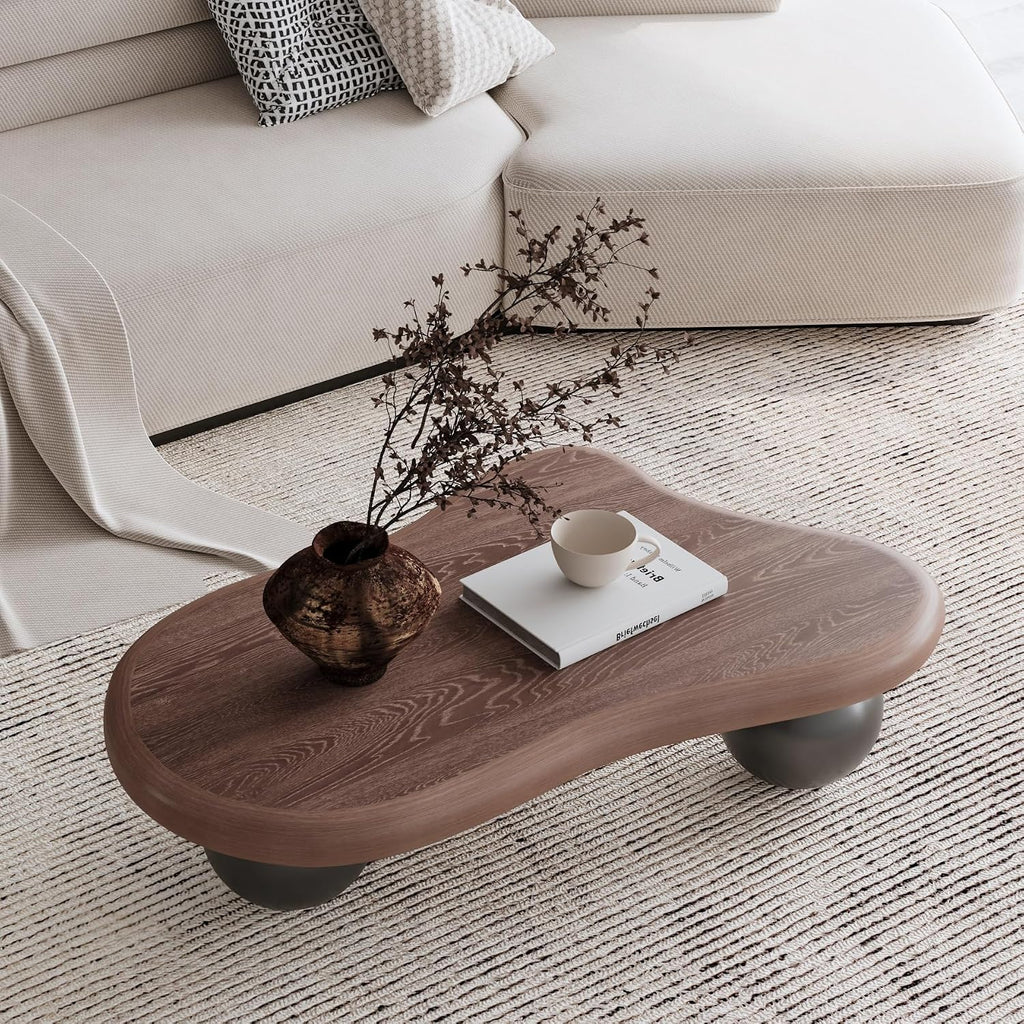 40' Cloud Coffee Table for Living Room Irregular Coffee Table Modern Low Coffee Tables Cute Small Center Table with 3 Ball Legs for Small Space Apartment Walnut & Black