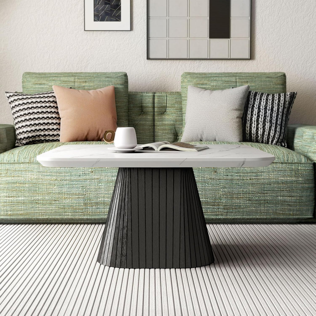 Furniture of America Coraly Modern 36-inch Square Coffee Table with High Gloss Faux Marble Top and Fluted Pedestal Base for Small Space, Living Room, Home Office, Black and White