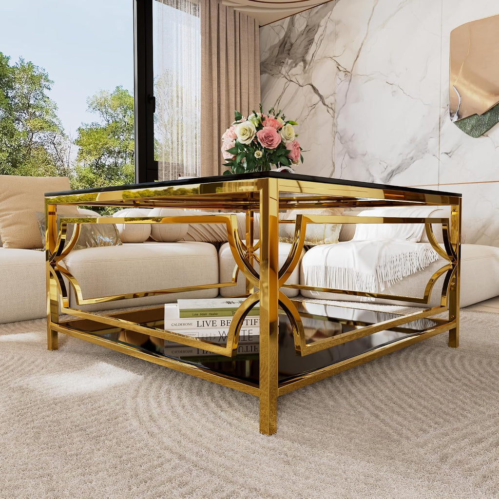 Flieks Square Glass Coffee Table in 33.5',Luxurious Geometric Metal Frame,Gold Finish & Lower Shelf