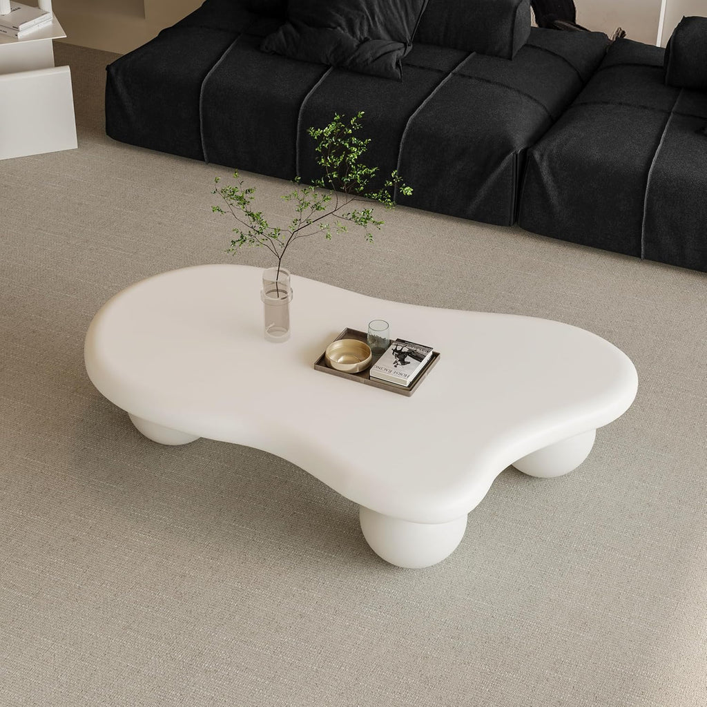 47' Cloud Coffee Table,Modern Cute End Table with Ball Legs,Small Round Edge Tea Table,Irregular Indoor Wood Coffee Table for Living Room, Bedroom, Small Space,Balcony,Patio Cream White
