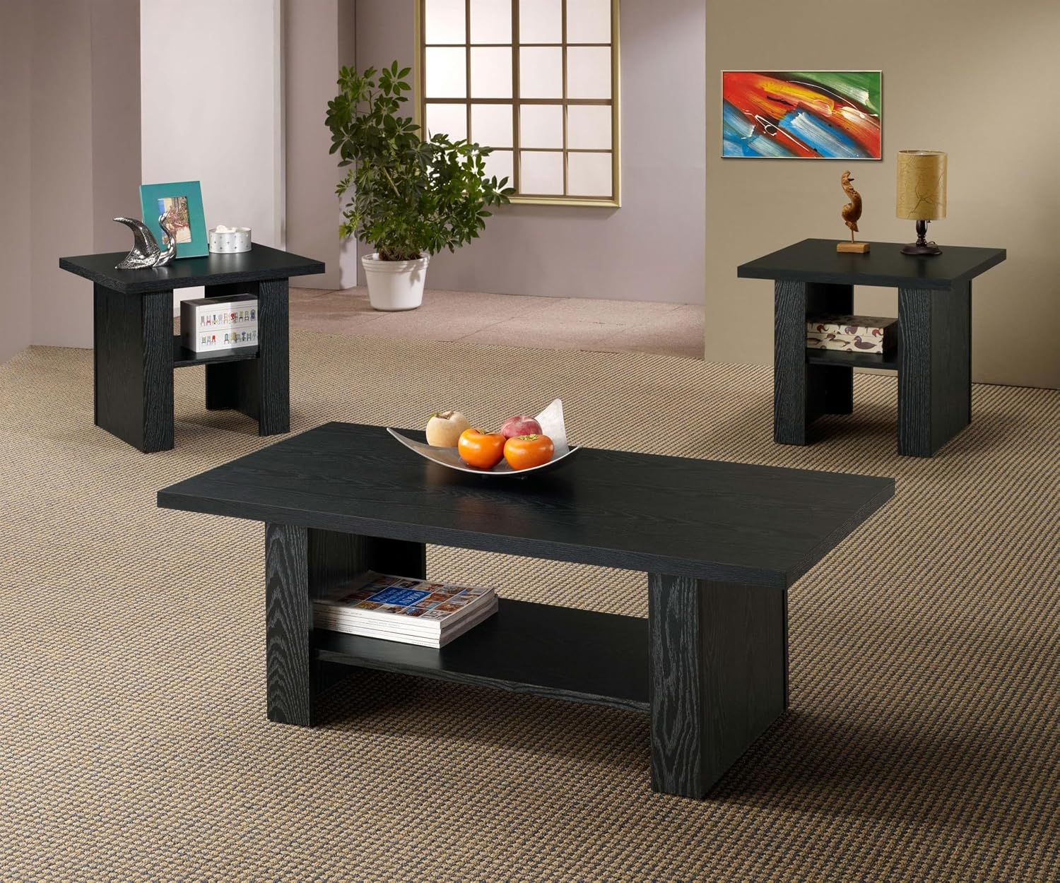 Bowery Hill 3 Piece Coffee Table Set, Black Oak Finish, Hollow Board and Particle Board Construction, Includes Coffee Table and 2 End Tables, Storage Shelves, Contemporary Style for Modern Living Room
