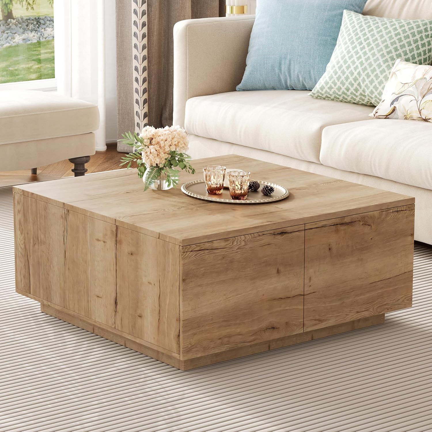 SSLine Square Coffee Table with 4 Storage Drawers,33.2-Inch Natural Wooden Coffee Table for Living Room Minimalist Cocktail Center Tables for Small Space