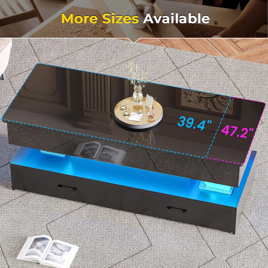 SEDETA 47.2' Lift Top Coffee Table, Coffee Tables with Storage for Living Room, 2 Drawers Coffee Table with Power Outlet & LED Light for Dining Reception Room, High Gloss Black