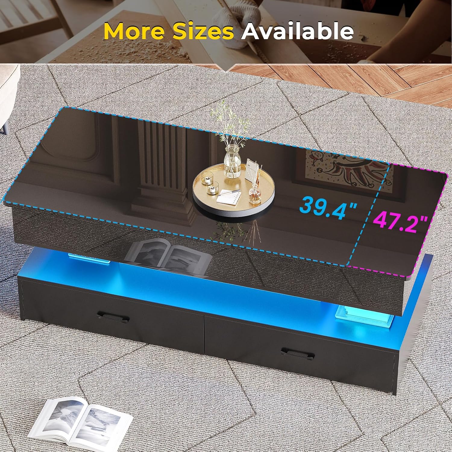 SEDETA 47.2' Lift Top Coffee Table, Coffee Tables with Storage for Living Room, 2 Drawers Coffee Table with Power Outlet & LED Light for Dining Reception Room, High Gloss Black