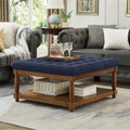 GDFStudio Large Square Upholstered Tufted Linen Ottoman Coffee Table with Solid Wood Frame and Open Storage Shelf, Nailhead Trim Accent Footrest for Living Room, Navy Blue