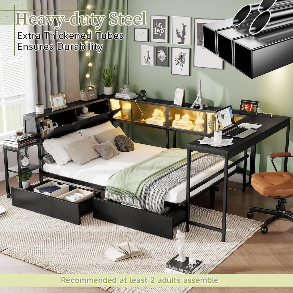 Twin Corner Bed Frame with Desk and Storage, Twin Size Daybed with Bookcase Shelves, LED Lights & Charging Station, L-Shaped Bed with Storage Drawers for Kids Teens, No Box Spring Needed (Black)
