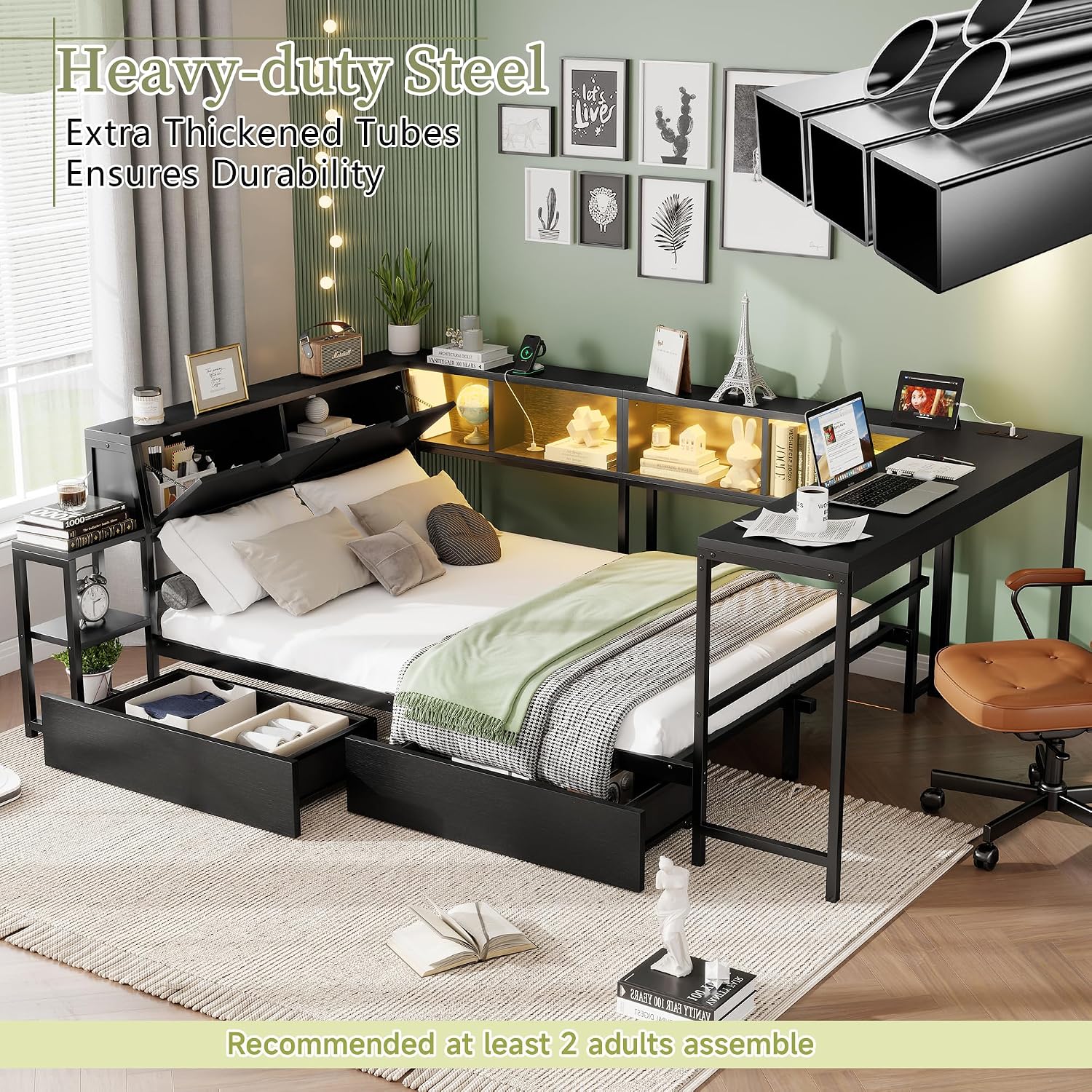 Twin Corner Bed Frame with Desk and Storage, Twin Size Daybed with Bookcase Shelves, LED Lights & Charging Station, L-Shaped Bed with Storage Drawers for Kids Teens, No Box Spring Needed (Black)