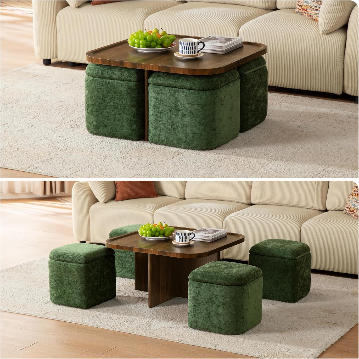 Square Coffee Table with Stools Underneath, Wood Ottoman Coffee Tables with 4 Chenille Storage Ottomans & Seats, Mid-Century Modern Coffee Table with Chairs for Living Room, Small Space, Walnut&Green