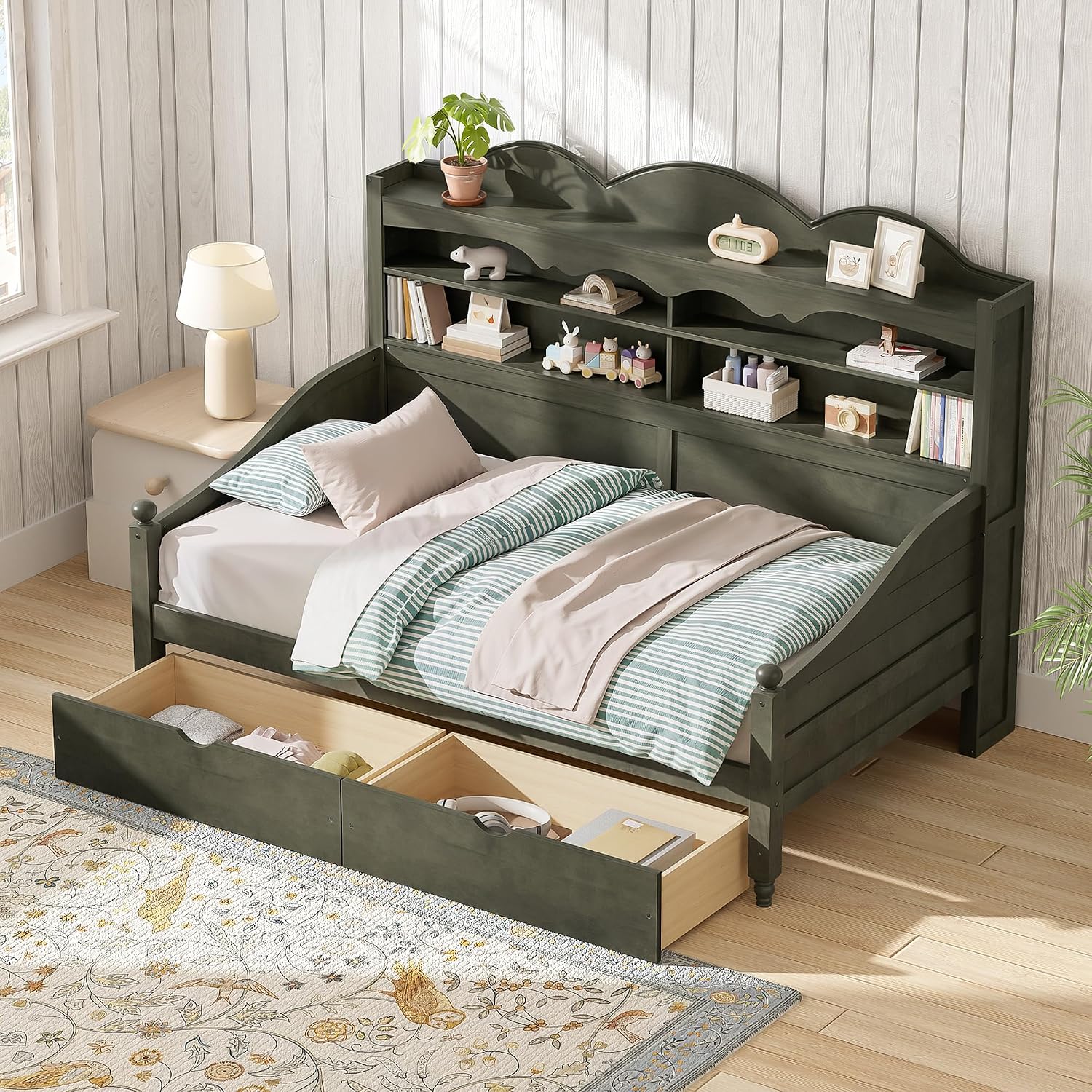 Harper & Bright Designs Corner Bed Frame Twin with Bookcase Headboard and Storage Drawers,Wood Day Bed Frame for Kids Teens,Antique Grey