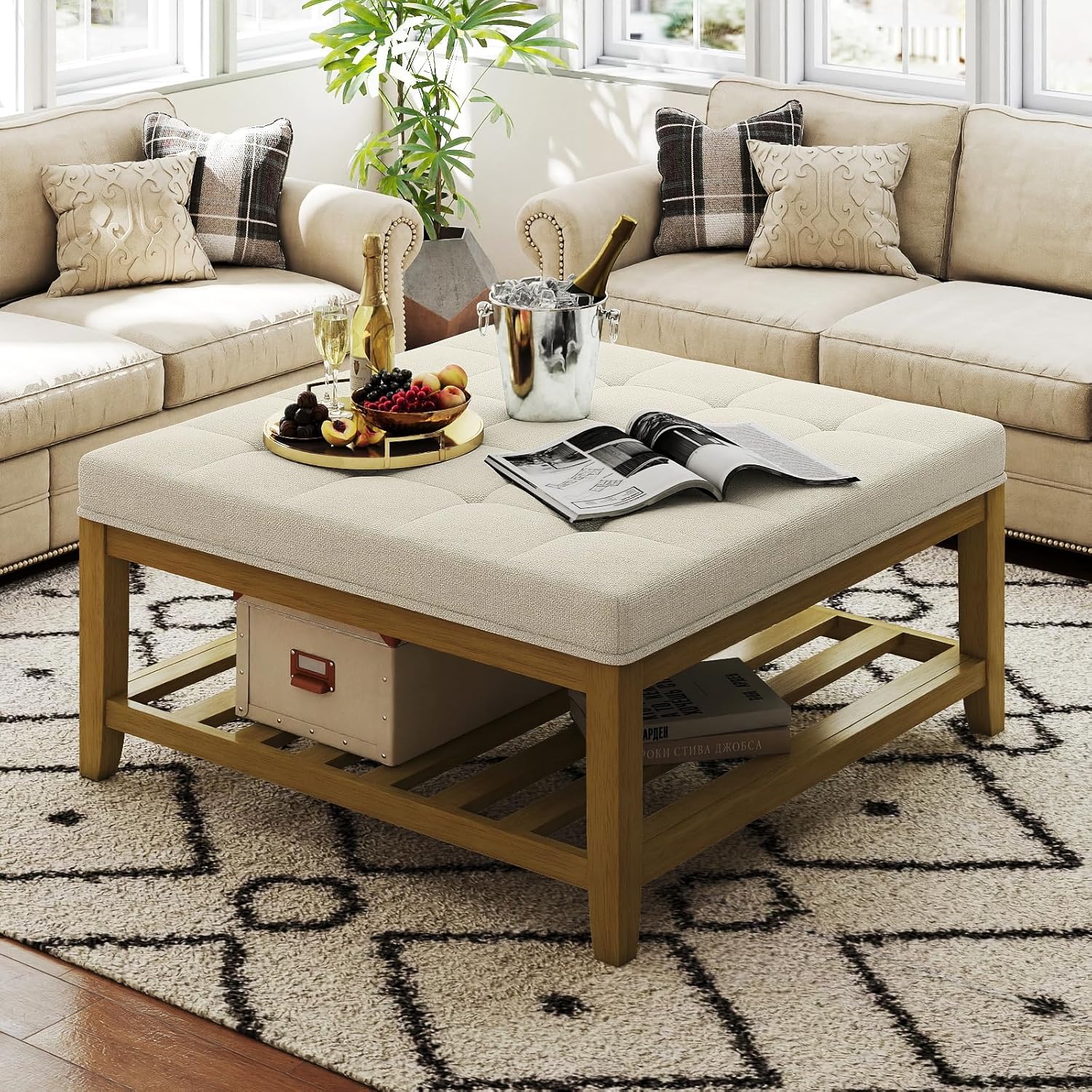 Befurtori Large Square Ottoman Coffee Table, Linen Solid Upholstered Footrest Ottoman with Solid Wood Shelf Storage Tufted Coffee Table for Bedroom Living Room, Ivory