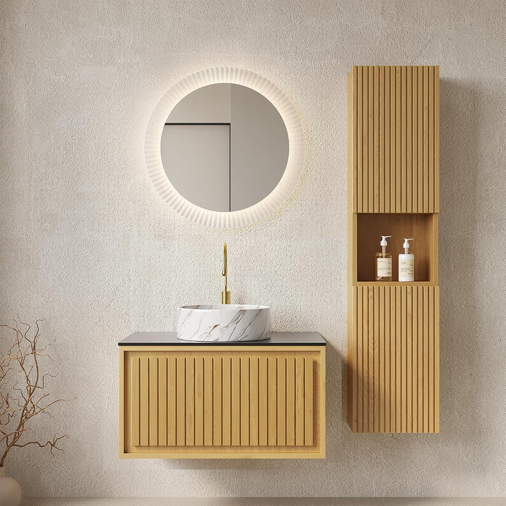 14-Inch Floating Bathroom Vanity Side Cabinet, 59' Tall Narrow Wood Storage Cabinet with Door and Shelf, Suitable for Small Spaces, Corners, Bathroom, Living Rooms and Laundry, Oak