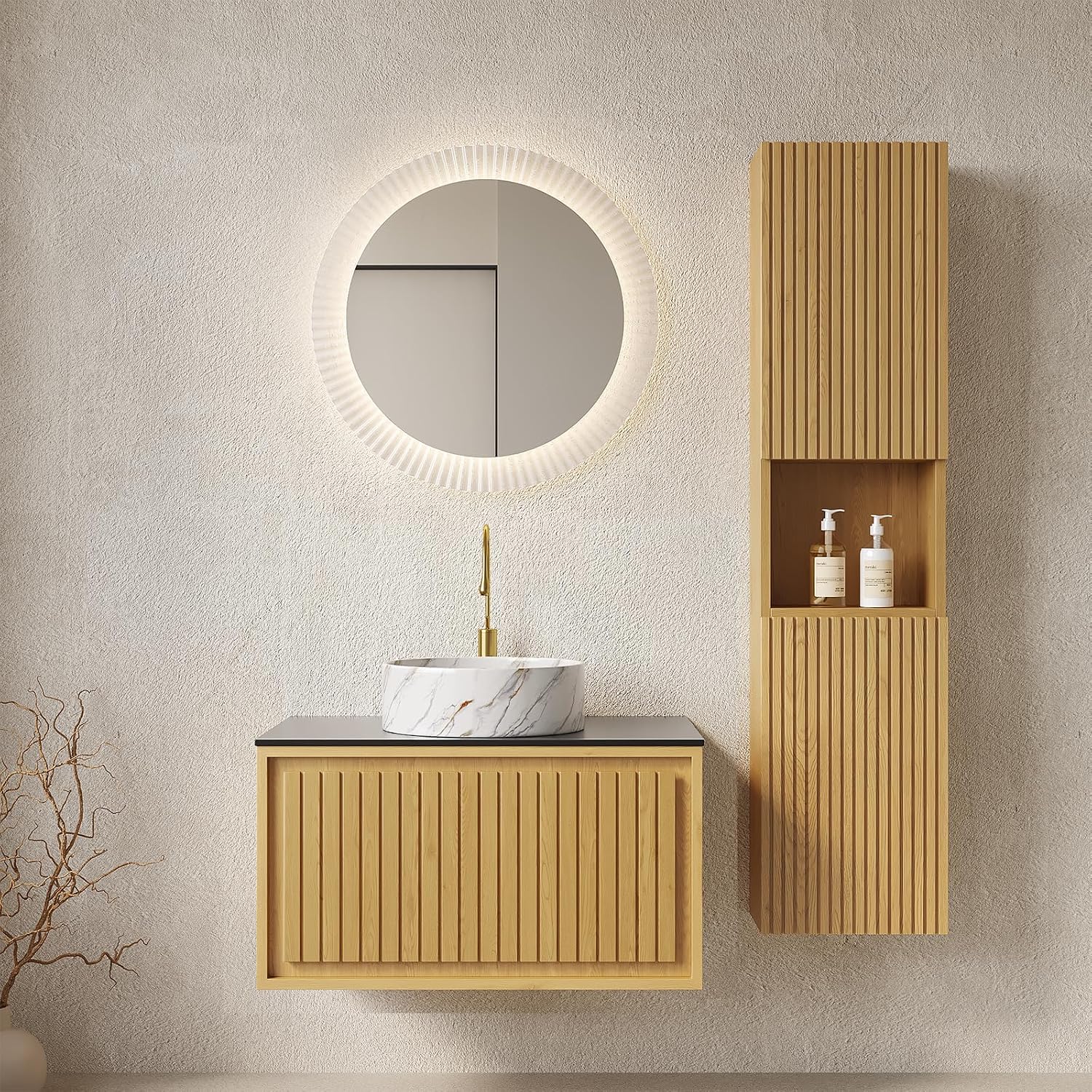 14-Inch Floating Bathroom Vanity Side Cabinet, 59' Tall Narrow Wood Storage Cabinet with Door and Shelf, Suitable for Small Spaces, Corners, Bathroom, Living Rooms and Laundry, Oak
