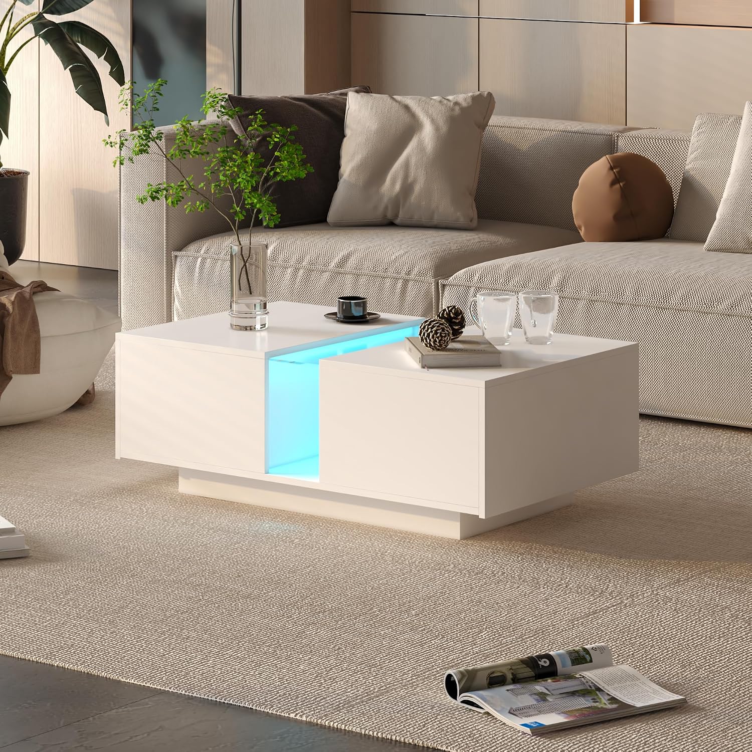 HedoAjim White Led Coffee Table for Living Room, Rectangular Living Room Table with Storage, Acrylic Coffee Tables with 2 Sliding Drawers, Wood Center Table for Reception Dinning Room
