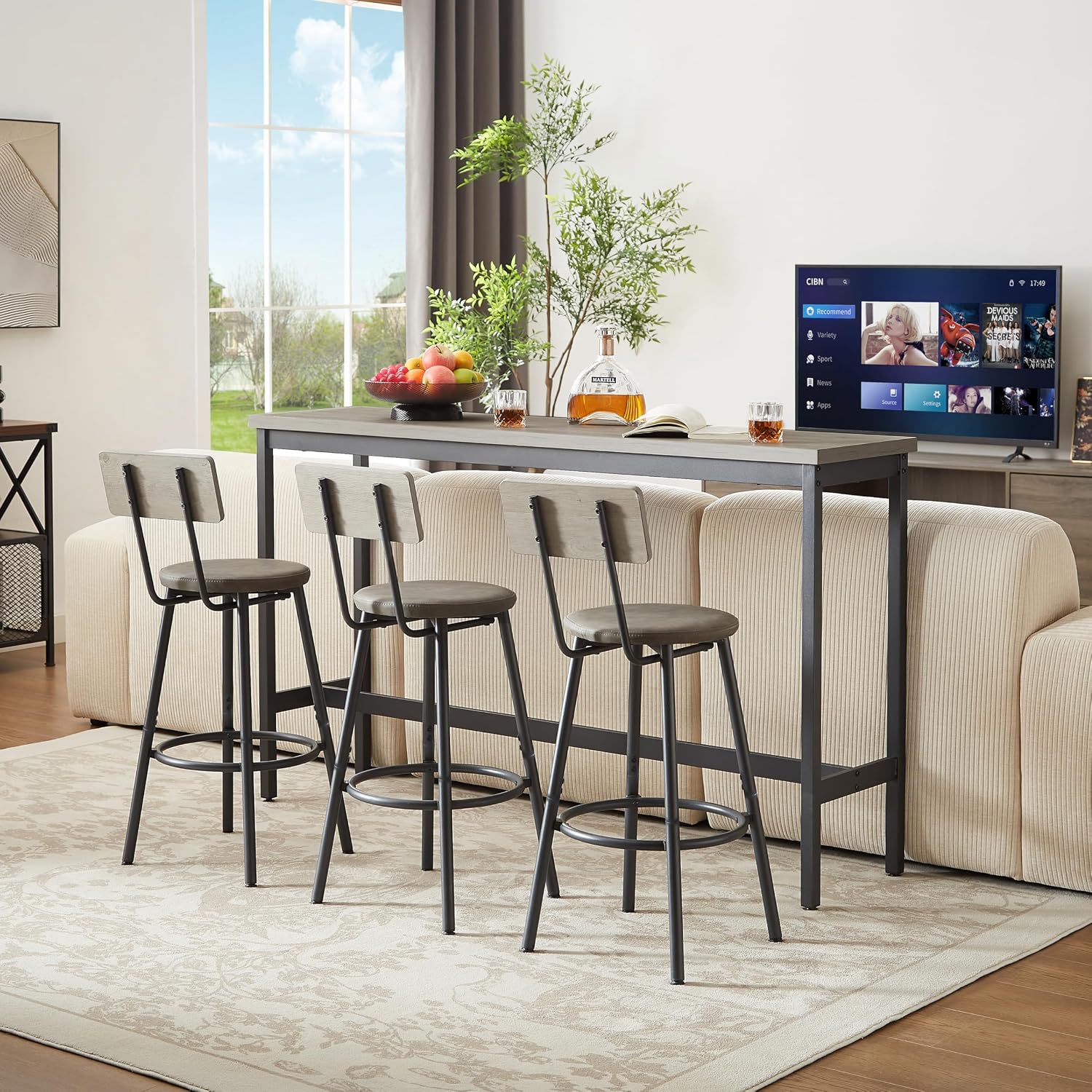 Elevon Long Bar Table Set with 3 PU Upholstered Bar Stools, Dining Table and Chair Sets, Industrial Tall Coffee Table and Back Chair for Kitchen, Living Room, Party Room, Small Space, Pub, Gray