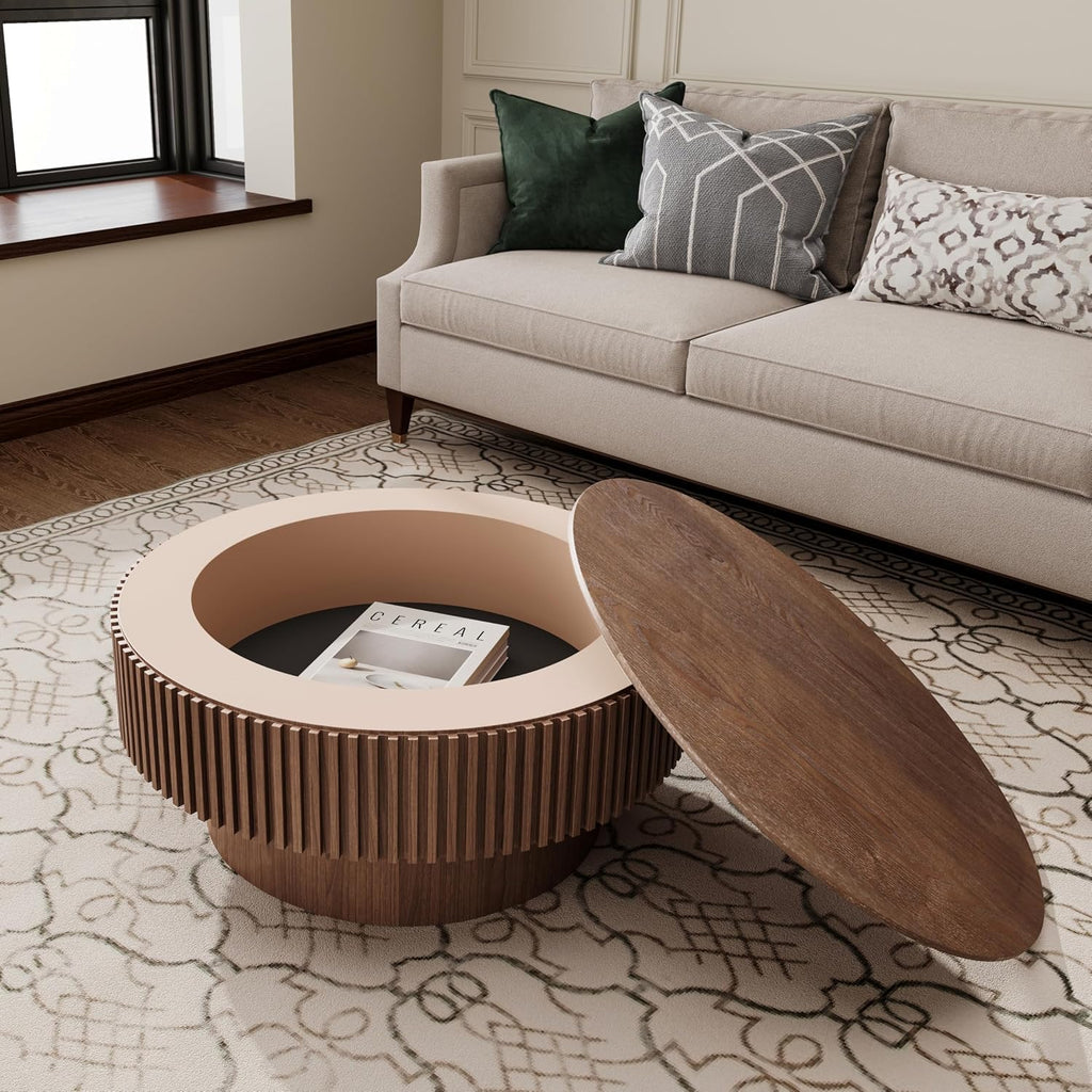 JUSTONE 31.5' Round Coffee Table,Farmhouse Wood Coffee Table with Storage for LivingRoom,Apartment,Office,Walnut