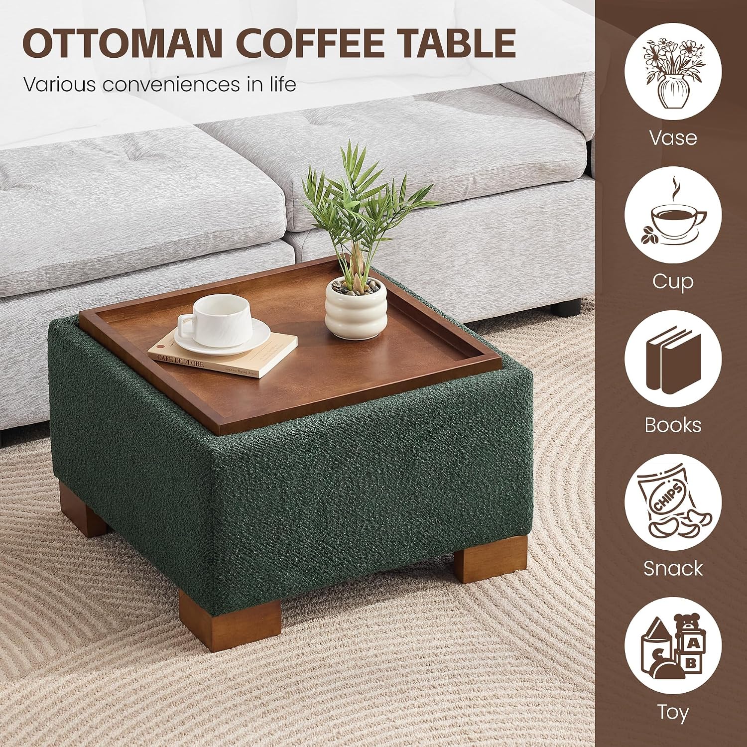WUTUTUEE 24' Square Ottoman Coffee Table with Storage, Boucle Ottomans with Tray and Solid Wood Legs for Living Room, Bedroom and Apartments, Small Modern Ottoman Tea Table with Lift-Off Lid, Green