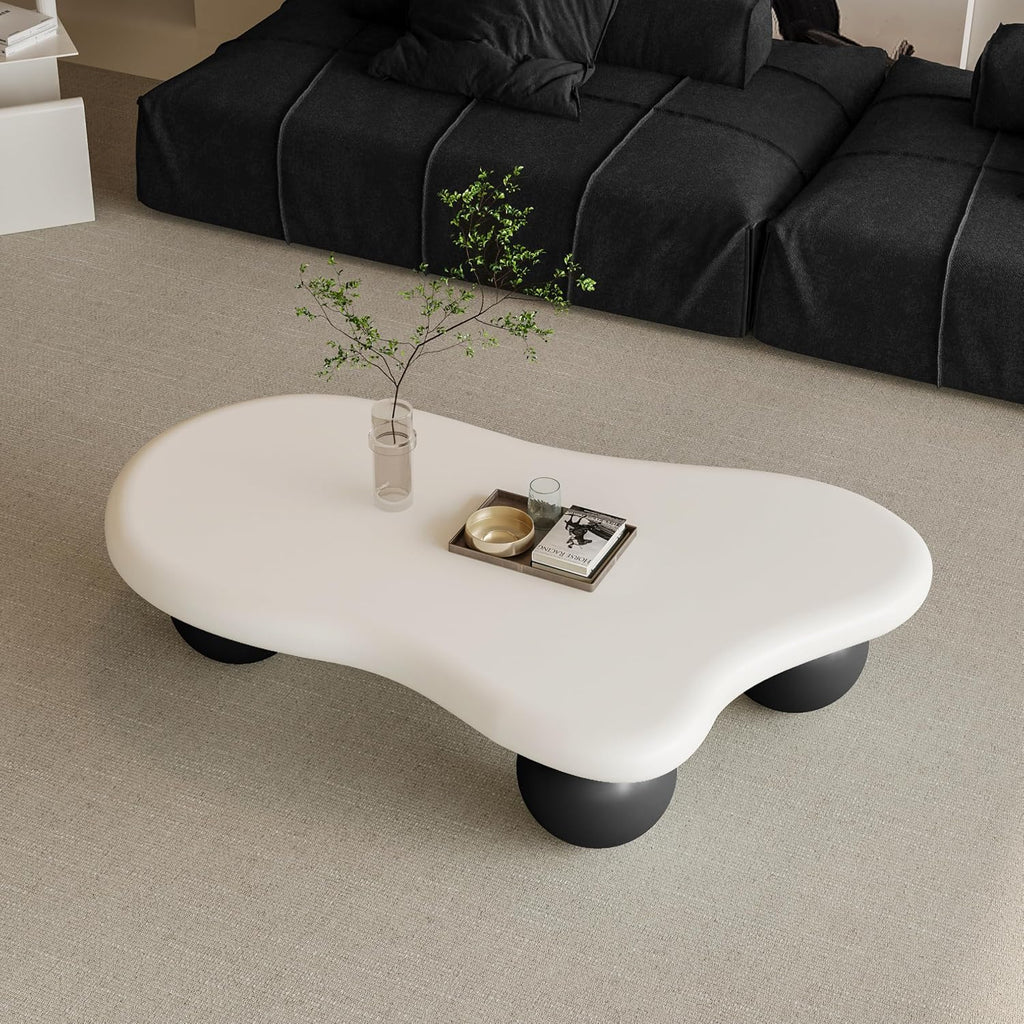 47' Cloud Coffee Table for Living Room Irregular Coffee Table Modern Low Coffee Tables Cute Small Center Table with 3 Ball Legs for Small Space Apartment White & Black