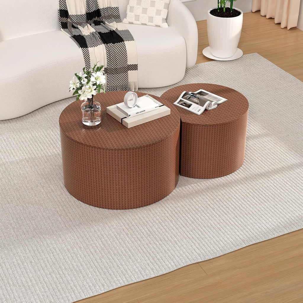 Round Coffee Table Set of 2 Modern Nesting Coffee Tables Drum Coffee Tables with Non-Slip Feet, Circle Nesting Tables End Table for Living Room Office, No Assembly (Brown 26.8'+18.3')