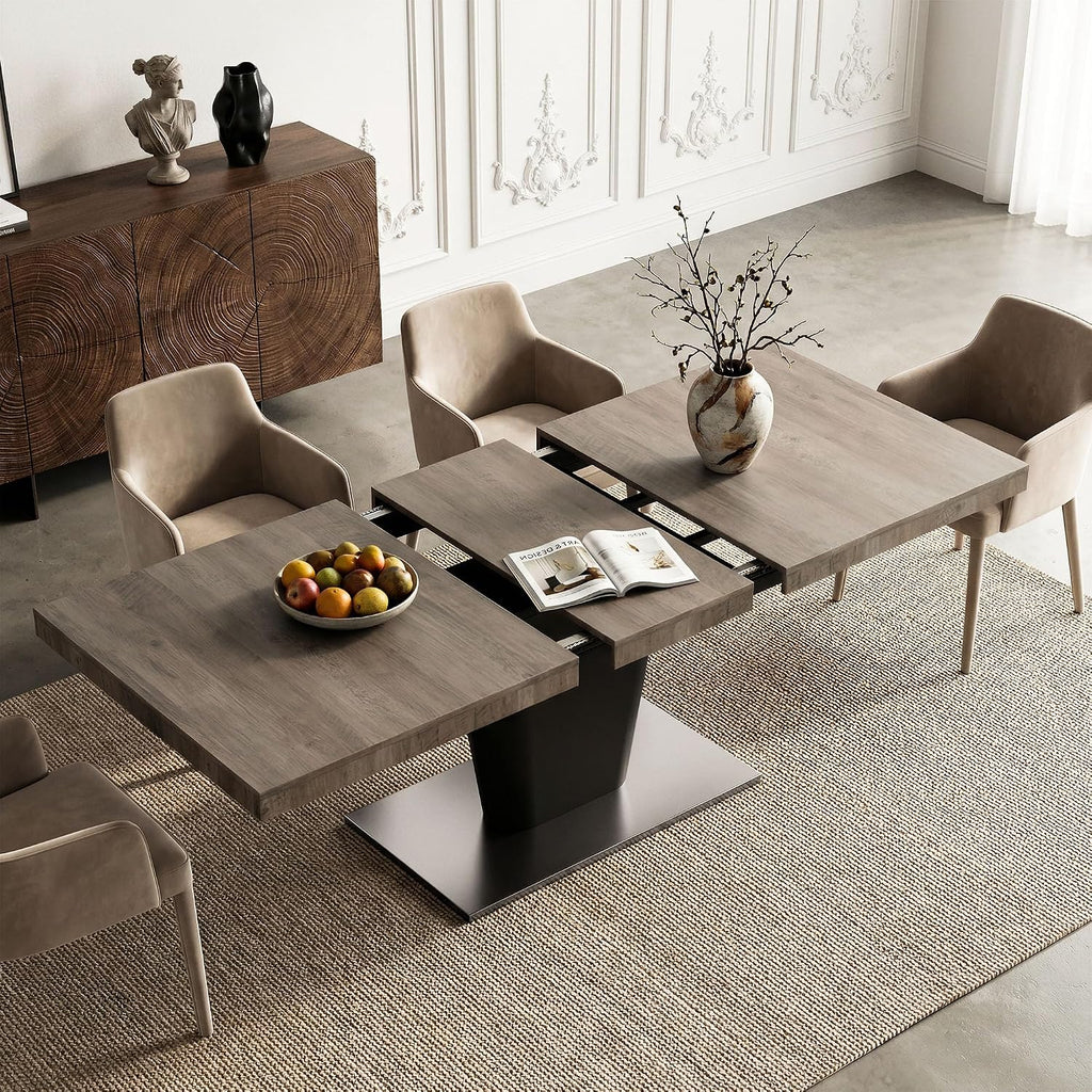 COSIEST 63'' to 78.7'' Extendable Dining Table for 4 6 8, Expandable Kitchen Table with Sturdy Metal Base, Rectangle Mid-Century Modern Dining Table for Dining Room, Kitchen, Home, Grey