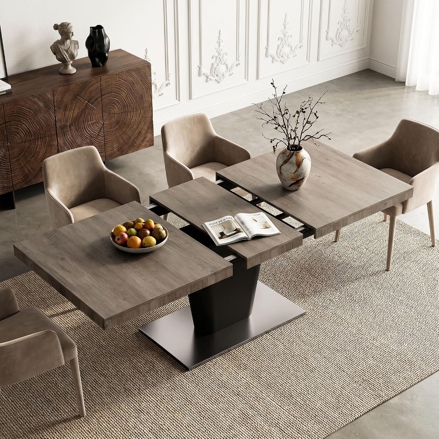 COSIEST 63'' to 78.7'' Extendable Dining Table for 4 6 8, Expandable Kitchen Table with Sturdy Metal Base, Rectangle Mid-Century Modern Dining Table for Dining Room, Kitchen, Home, Grey