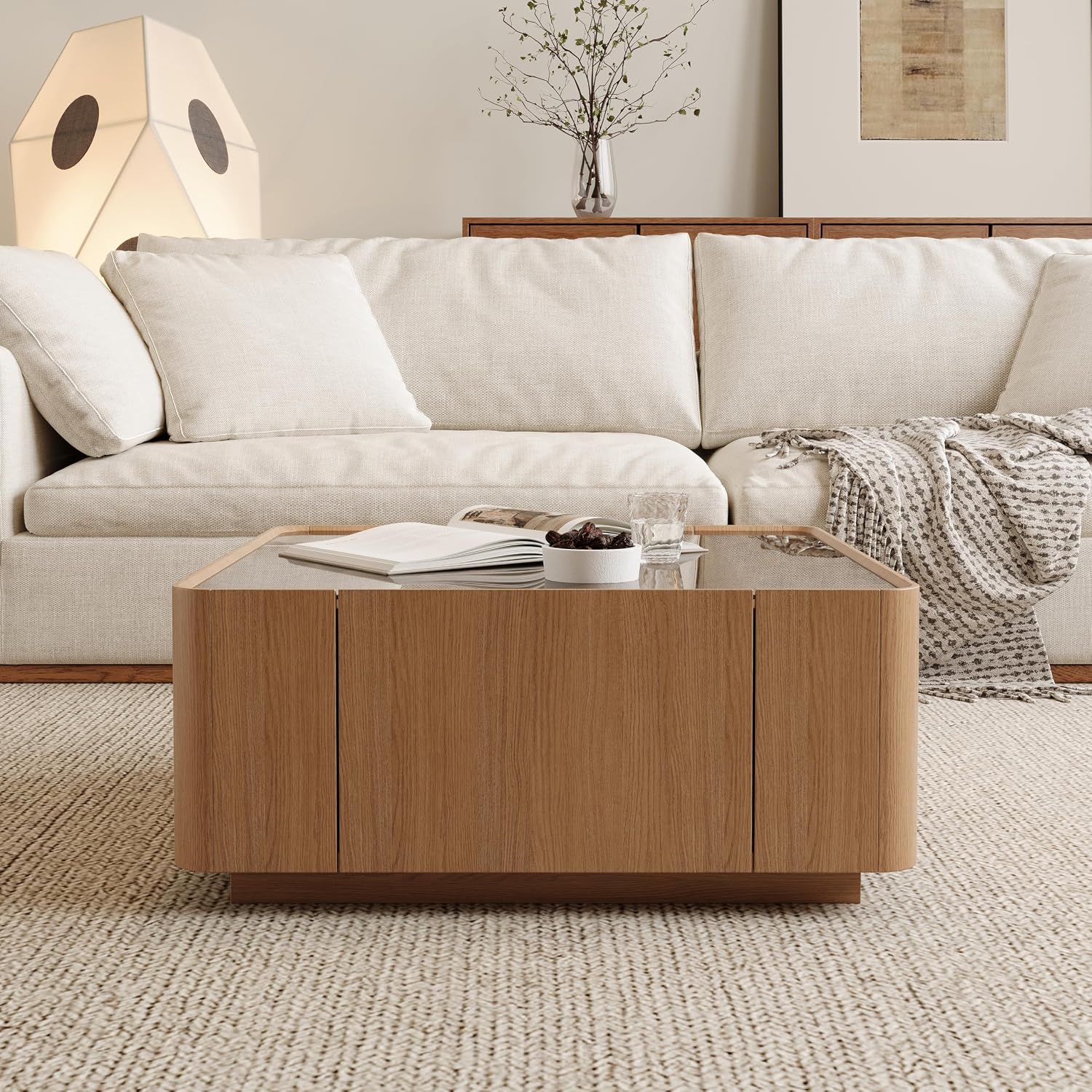 31.5' Square Coffee Table with Glass Tabletop, Mid Century Modern Wood Coffee Table with Drawer, Contemporary Center Table Safe Curved Corners for Living Room, Oak