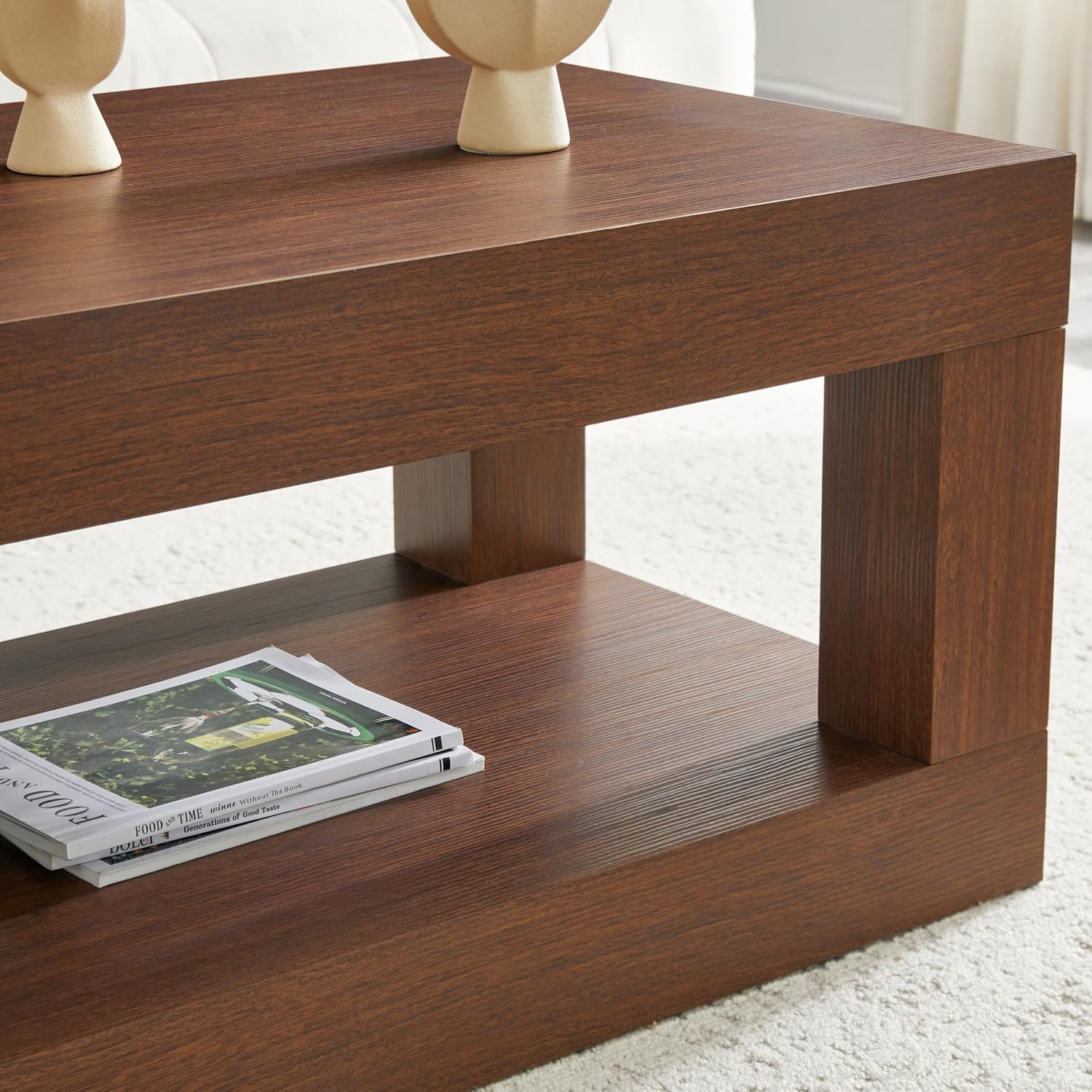 LKTART 39.37' Coffee Table with Storage, 2-Tier Mid Century Rectangular Accent Table with Thick Tabletop, Rustic Style Cocktail, Center Table for Living Room, Office, Apartment (Dark Walnut)