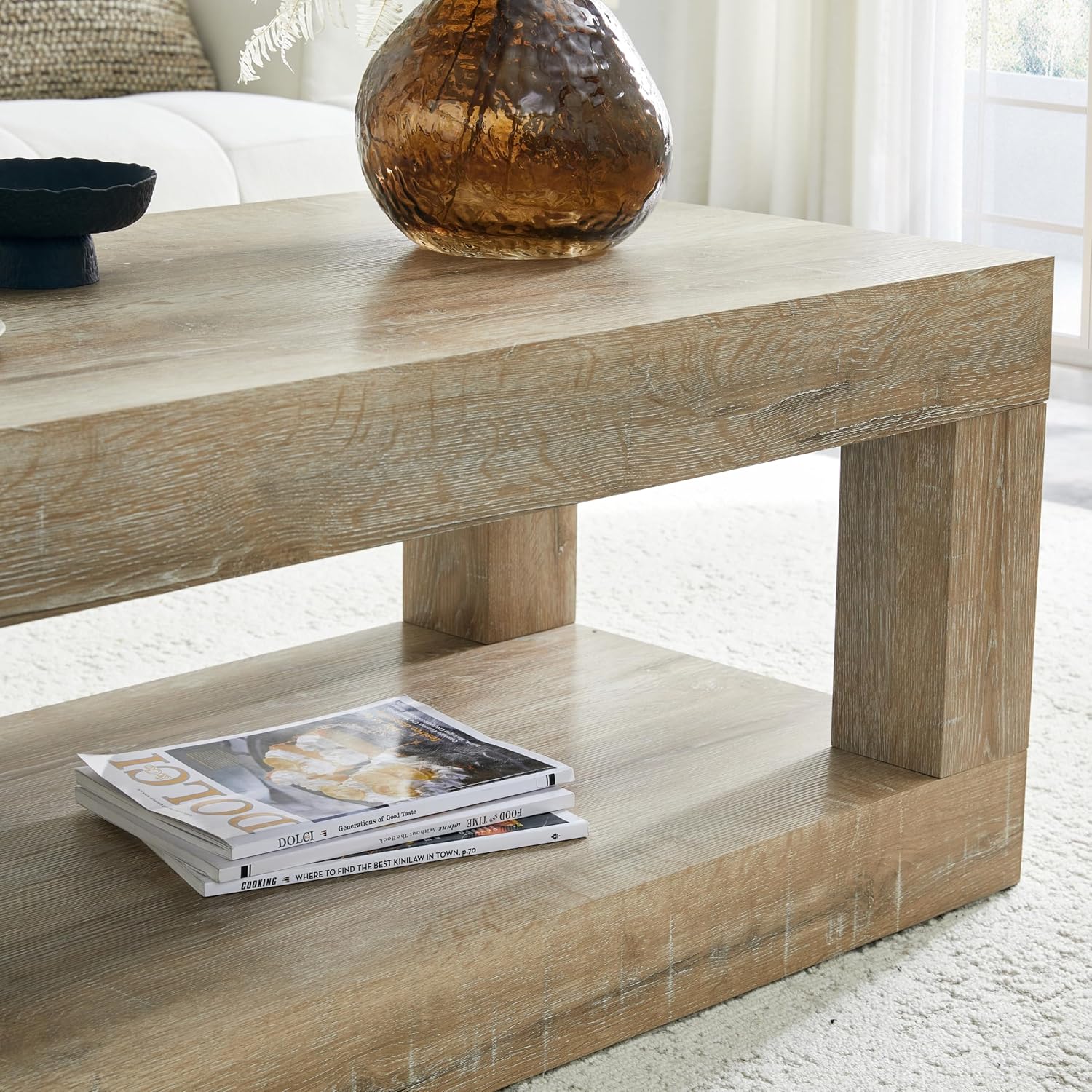 LKTART 39.37' Coffee Table with Storage, 2-Tier Mid Century Rectangular Accent Table with Thick Tabletop, Rustic Style Cocktail, Center Table for Living Room, Office, Apartment (Antique Natural)