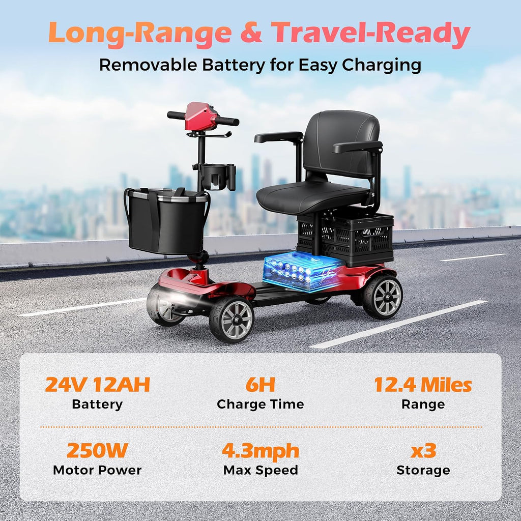 Mobility Scooter for Adults & Seniors with Removable Battery, Cruise & Airport Approved, Foldable Motorized Scooters with Dual Basket, Phone & Cup Holder, Red