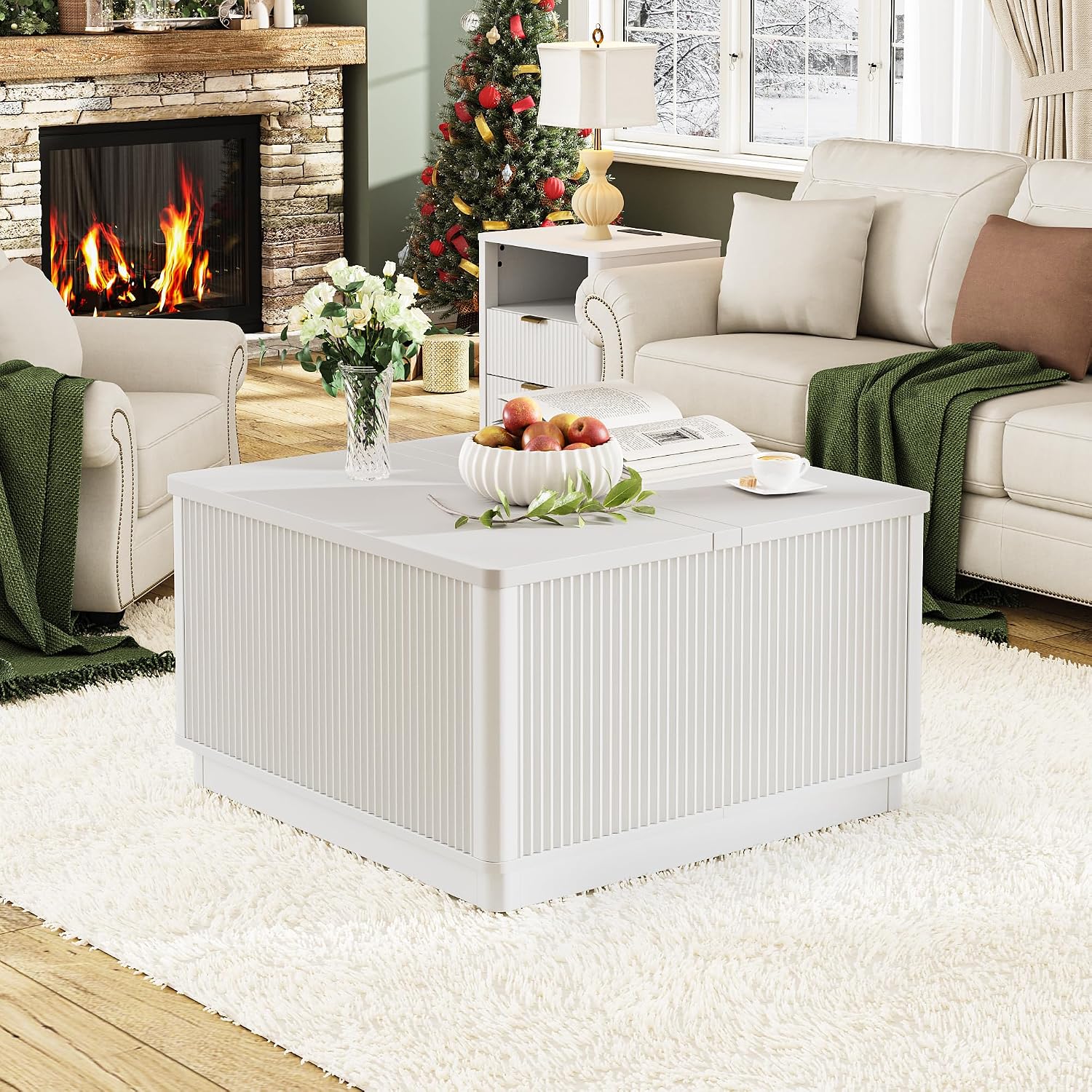 Modern Lift Top Coffee Table with Storage, Square Coffee Tables with LED Lighting and Power Outlet, Wooden Square Center Table for Living Room, Home Office, White
