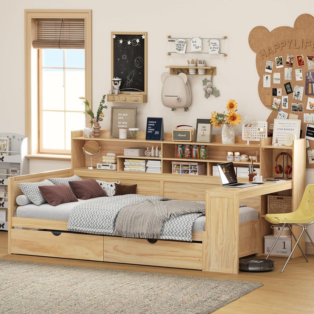 LUMISOL Twin Size Daybed with Storage Shelves & Drawers, Wooden Day Bed with Built-in Desk, Space Saving Corner Bed Frame for Living Room, Guest Room, No Box Spring Needed, Natural