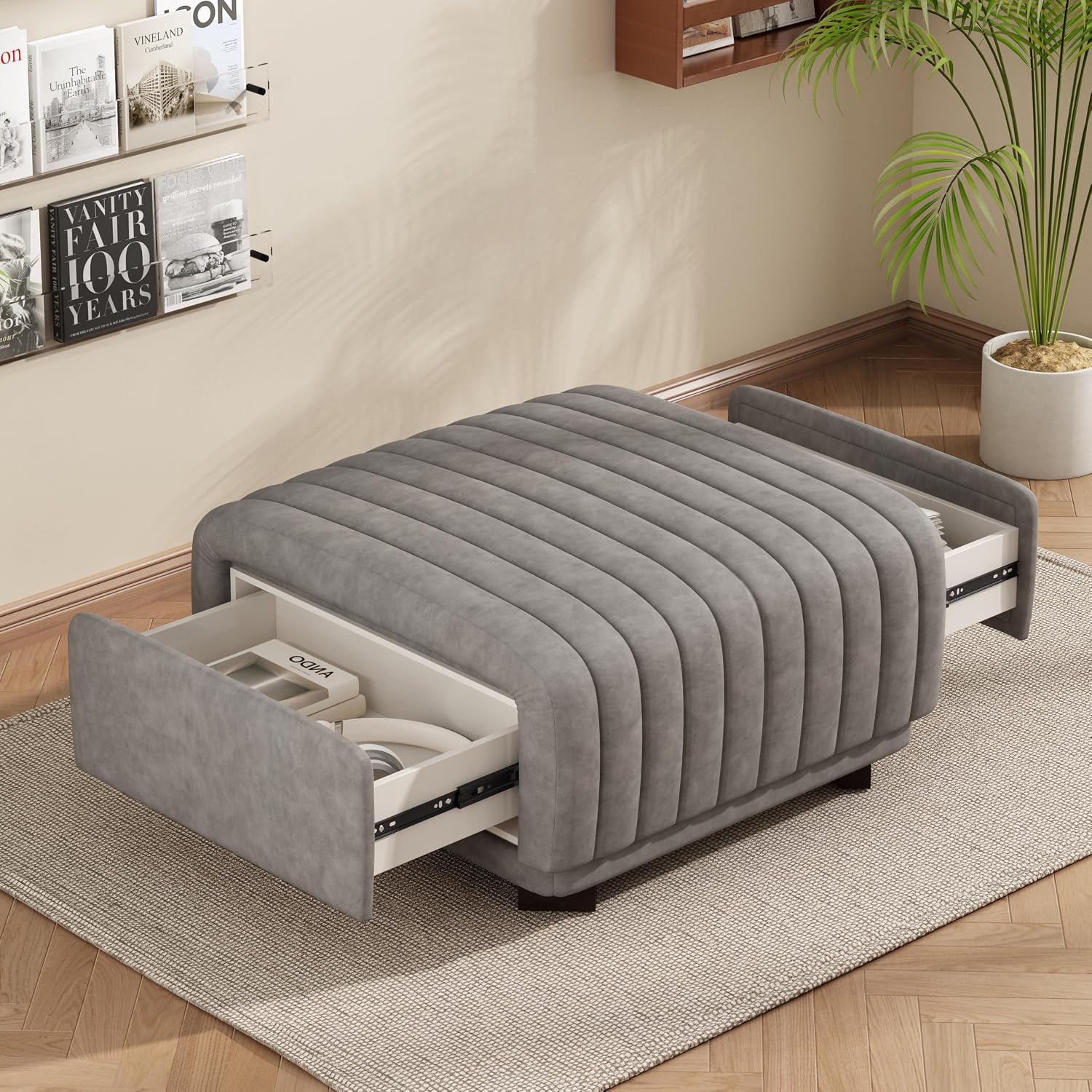 Christopher Knight Home Reyno Upholstered Ottoman with Storage for Living Room, Faux Leather Storage Ottoman Foot Rest with Side Drawers, Modern Square Coffee Table with Wooden Frame, Grey