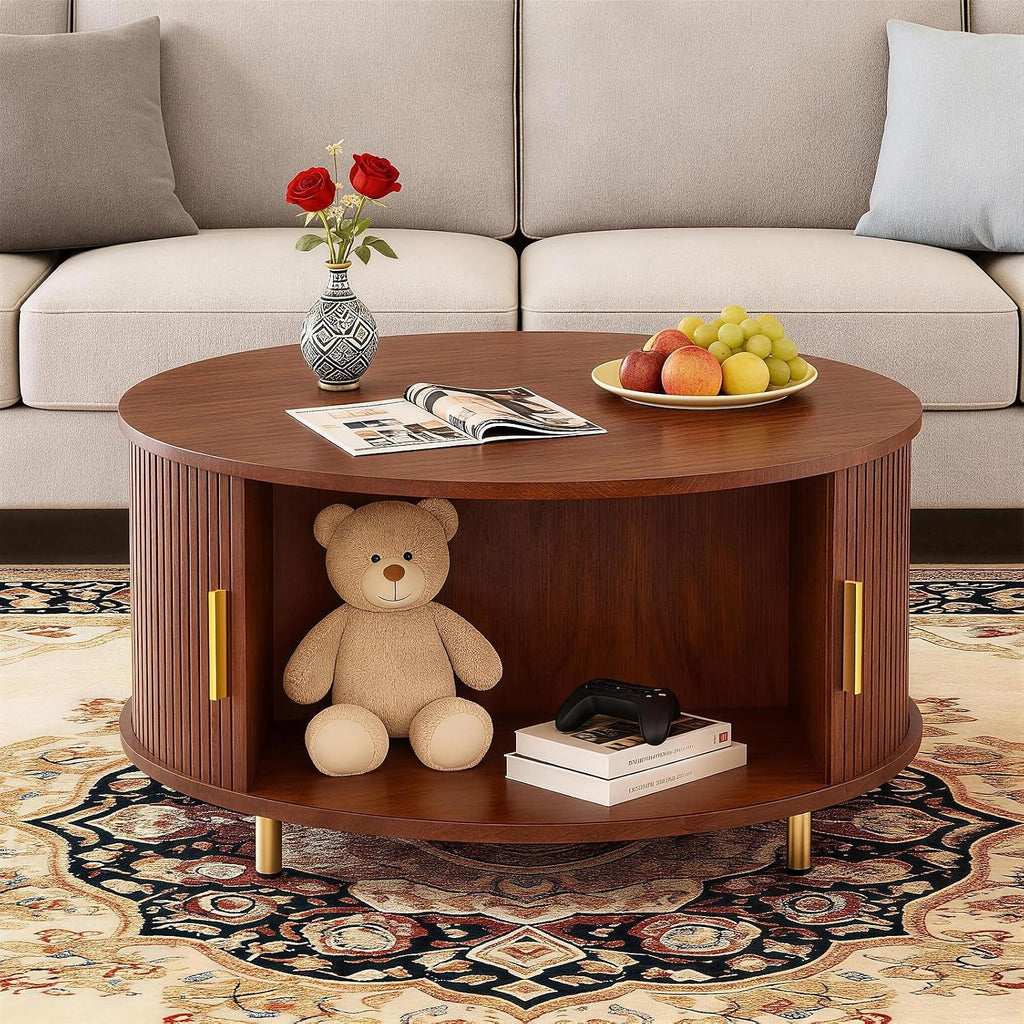 DHH Round Coffee Table, 31.5' Mid Century Modern Coffee Table with 360° Sliding Tambour Door, Fluted Accent Coffee Table with Storage Adjustable Footpads for Living Room (Walnut)